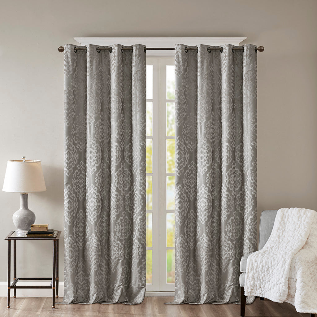 Knitted Jacquard Damask Total Blackout Grommet Top Curtain Panel