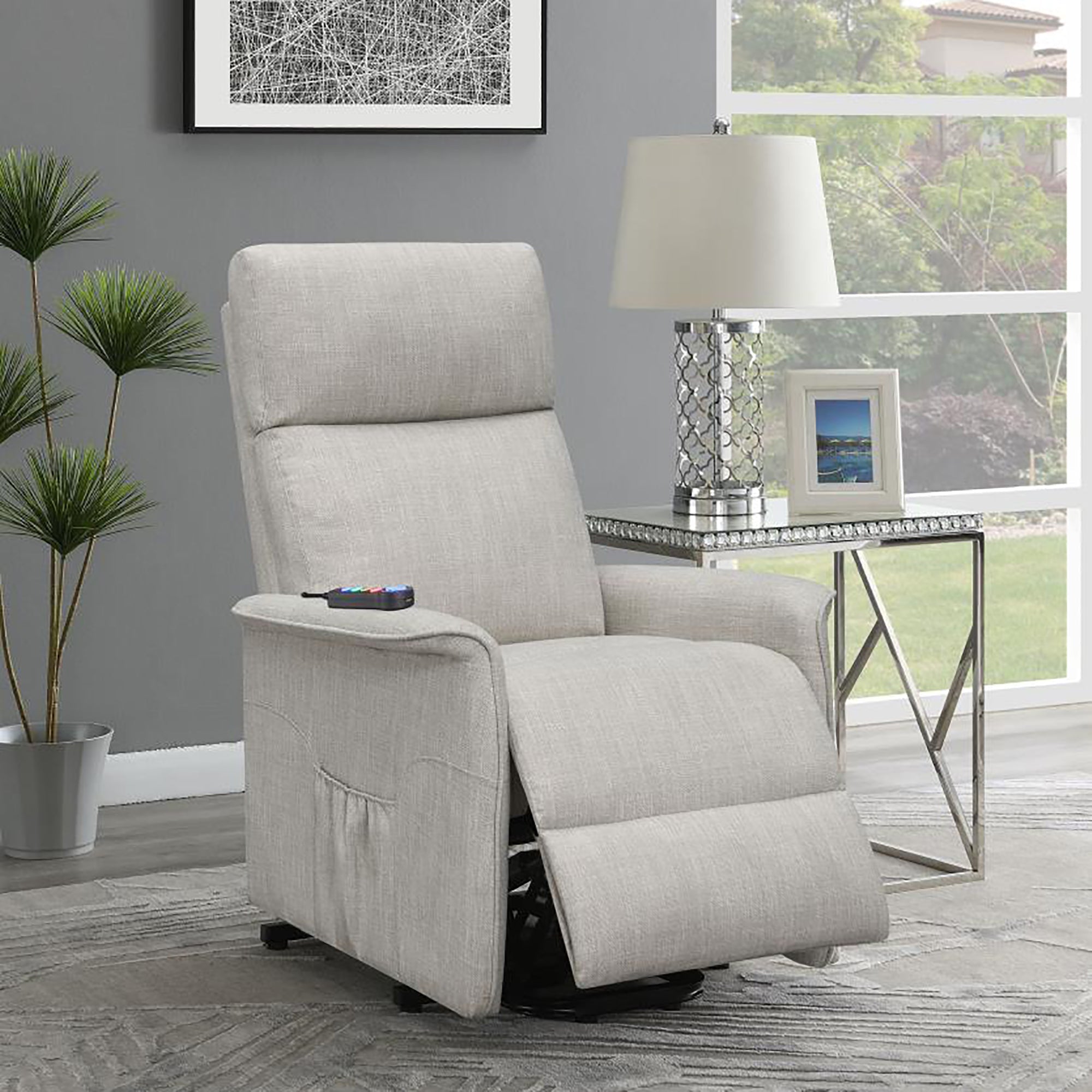 Beige Upholstered Power Lift Recliner with Wired Remote