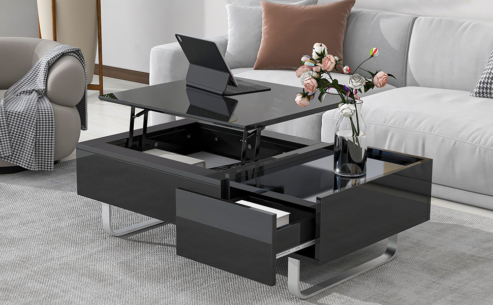 Multi-functional Coffee Table with Lifted Tabletop, Contemporary Cocktail Table with Metal Frame Legs, High-gloss Surface Dining Table for Living Room, Black