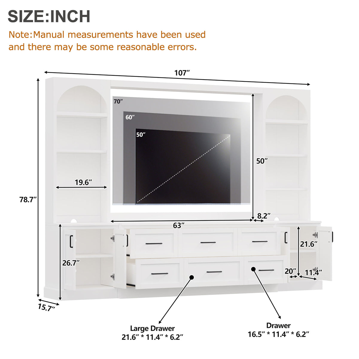 Arched Entertainment Center Wall Unit With 6 Drawers, Large TV Stand With Bookshelves