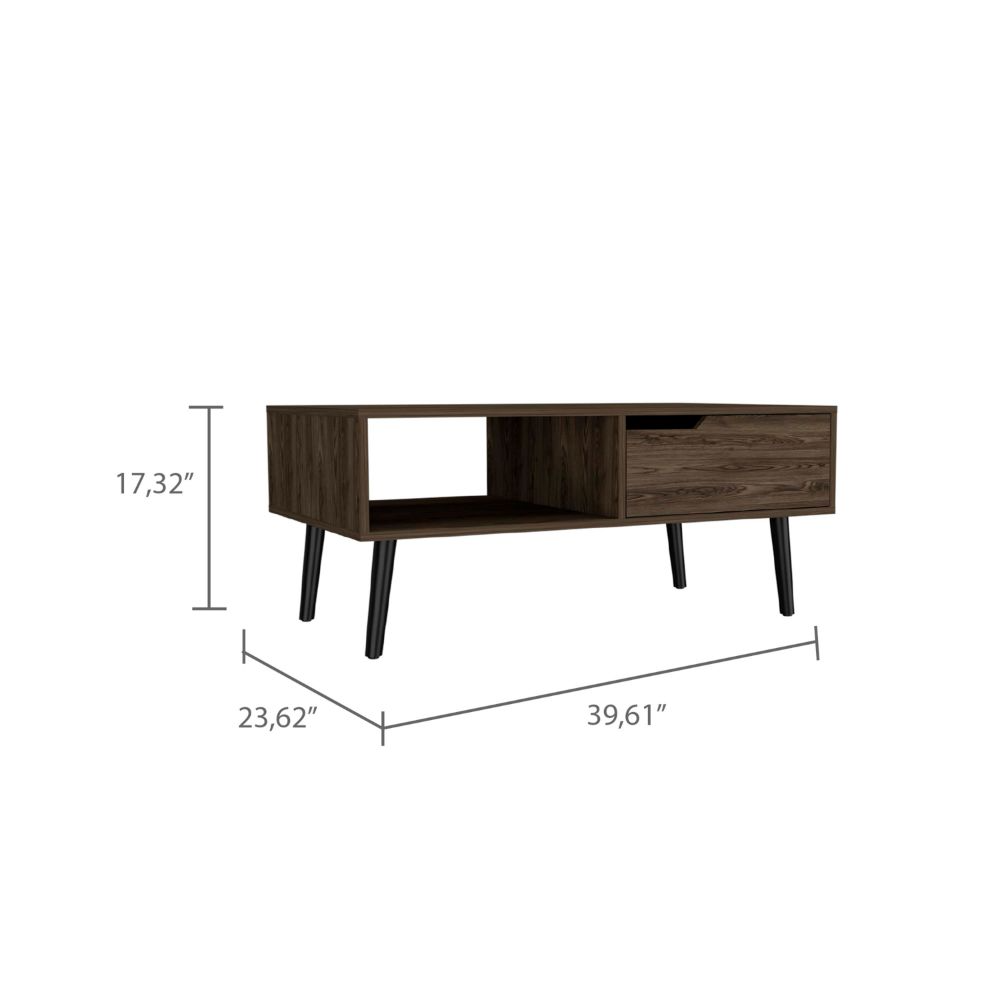 Oslo Coffee Table, One Drawer, One Open Shelf, Four Legs -Dark Walnut