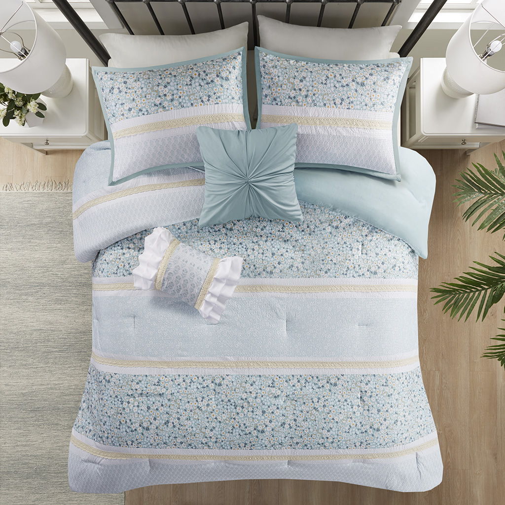 Caralie - 5 Piece Seersucker Comforter Set With Throw Pillows - Aqua