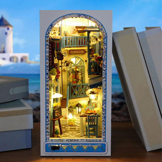 DIY Book Nook Kit 3D Wooden Puzzle Bookshelf Insert Decor with Warm Light DIY Miniature Dollhouse Model Building Kits for Kids
