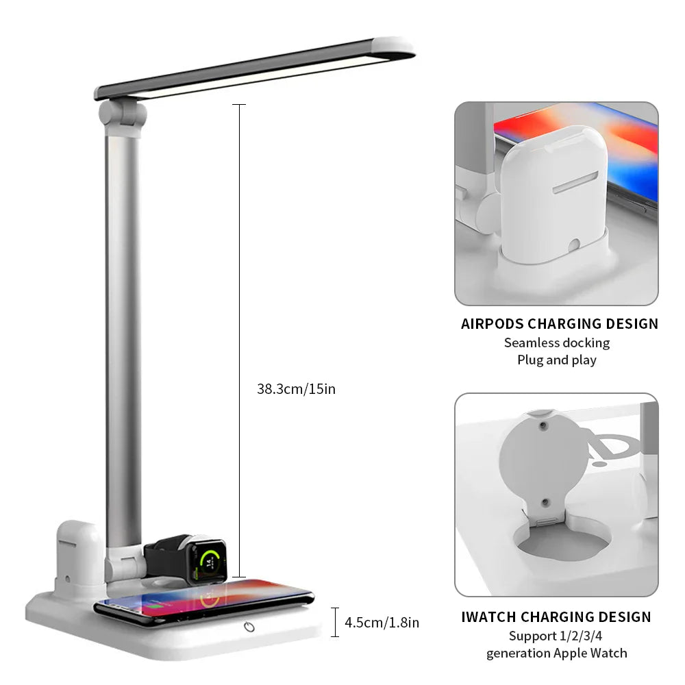 LED Table Desk Lamp 4 in 1 Qi Wireless Charger For Mobile Phone Watch Earphone