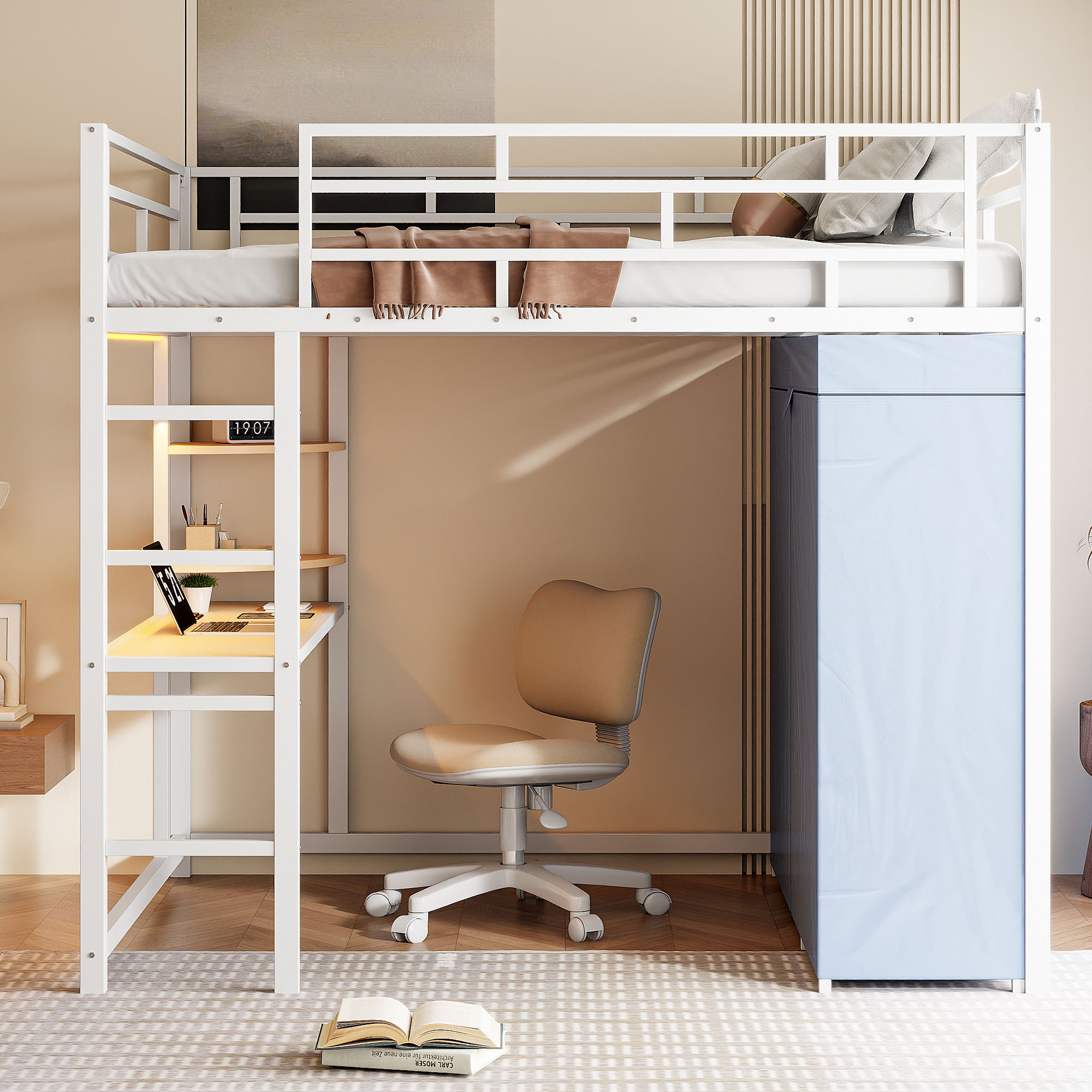 Loft Bed With Desk, Shelves, Power Outlet, LED Light And Wardrobe