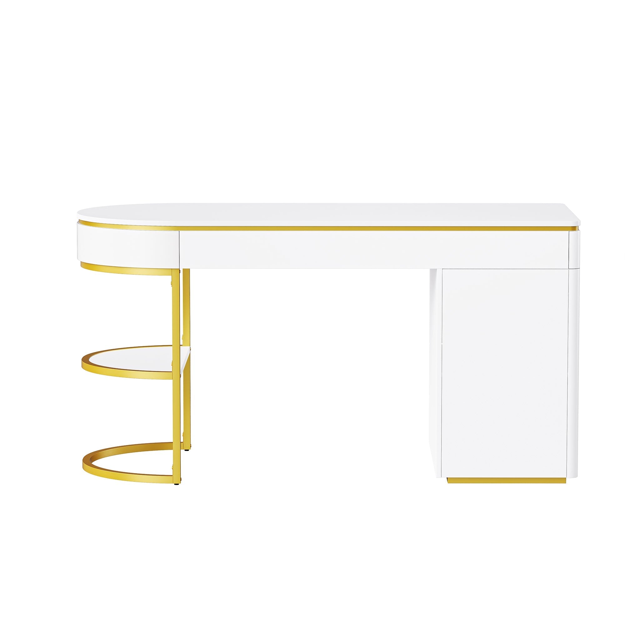 60''Modern Executive Desk,White Curved Computer Desk with Gold Metal Legs,3-Drawers Home Office Desk,Writing Desk with 1 Storage Cabinet for Home Office,Living Room,Gold+White