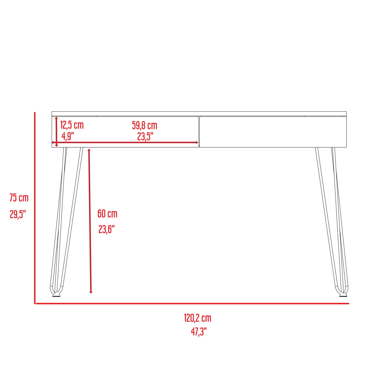 Mumbai 2 Drawers Computer Desk with Hairpin Legs -Black