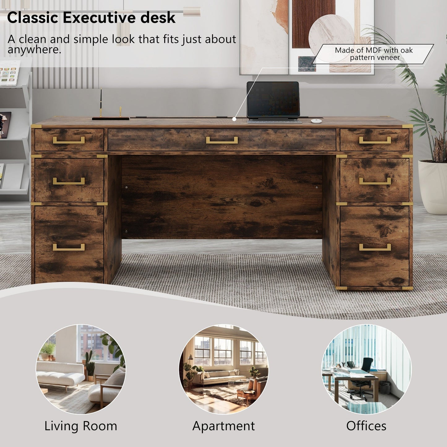 70"Classic and Traditional Executive Desk with Metal Edge Trim ,Writing Desk with 2 file drawers,USB Ports and Outlets,Desk with Hidden Compartment for Living Room,Home Office,Study Room,Brown
