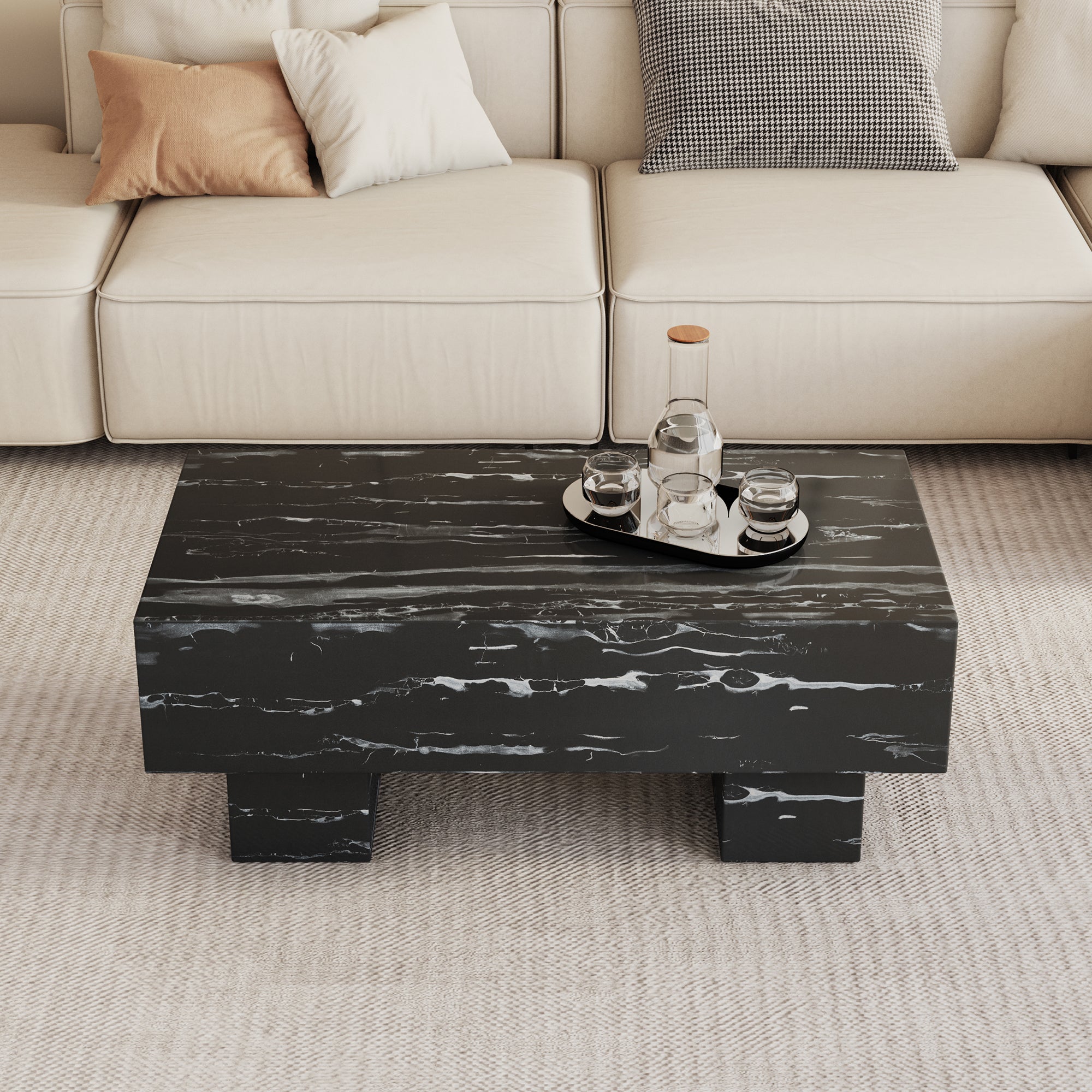 The black coffee table has patterns. Modern rectangular table, suitable for living rooms and apartments. 43.3"*21.6"*17.2"