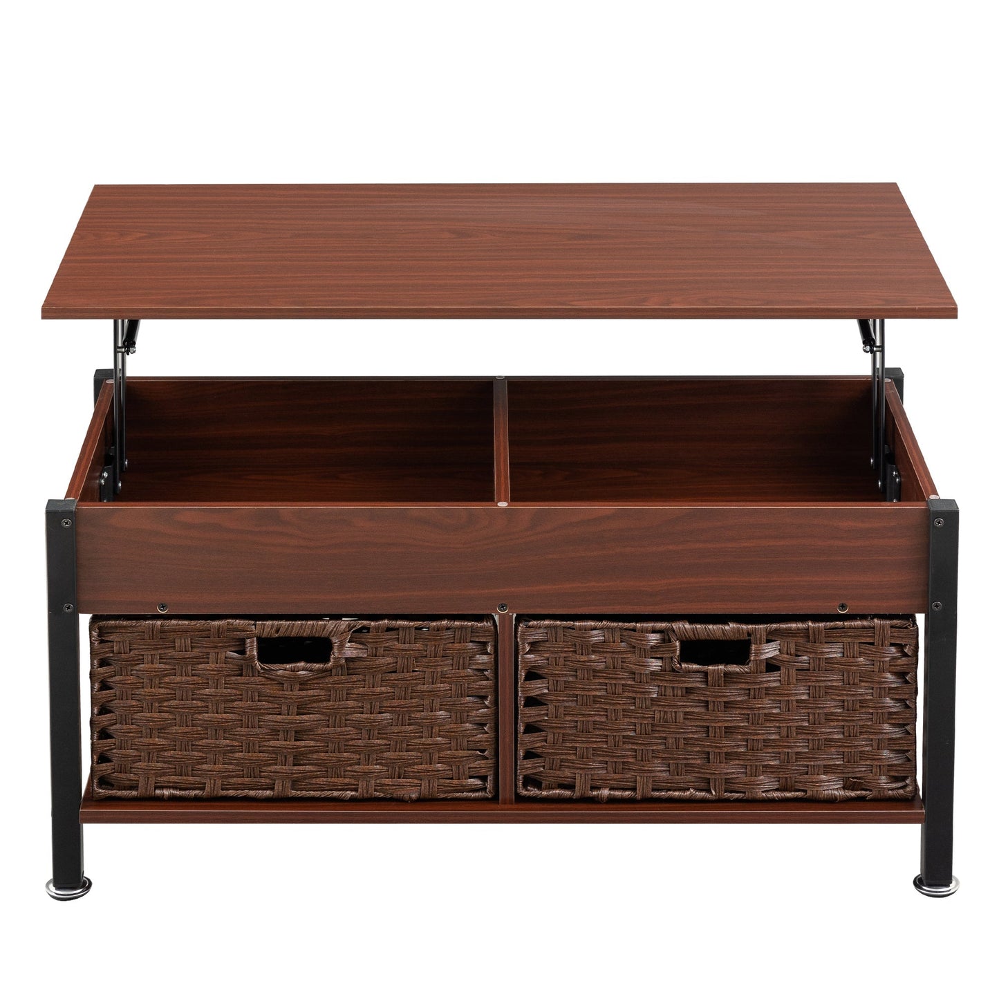 Metal coffee table,desk,with a lifting table,and hidden storage space.There were two removable wicker baskets that could be placed in any space such as the living room,color:brownwith solid wood grain