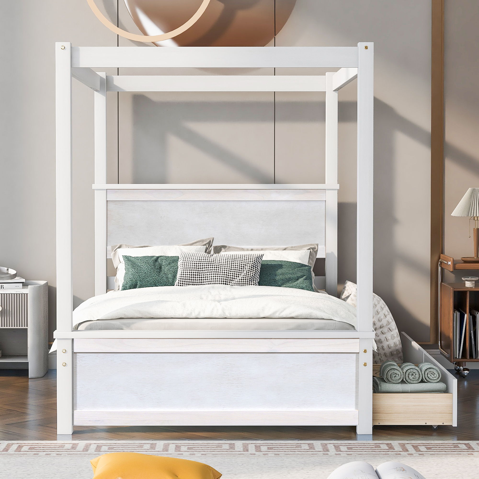 Canopy Platform Bed With Drawers, Support Slats, No Box Spring Needed