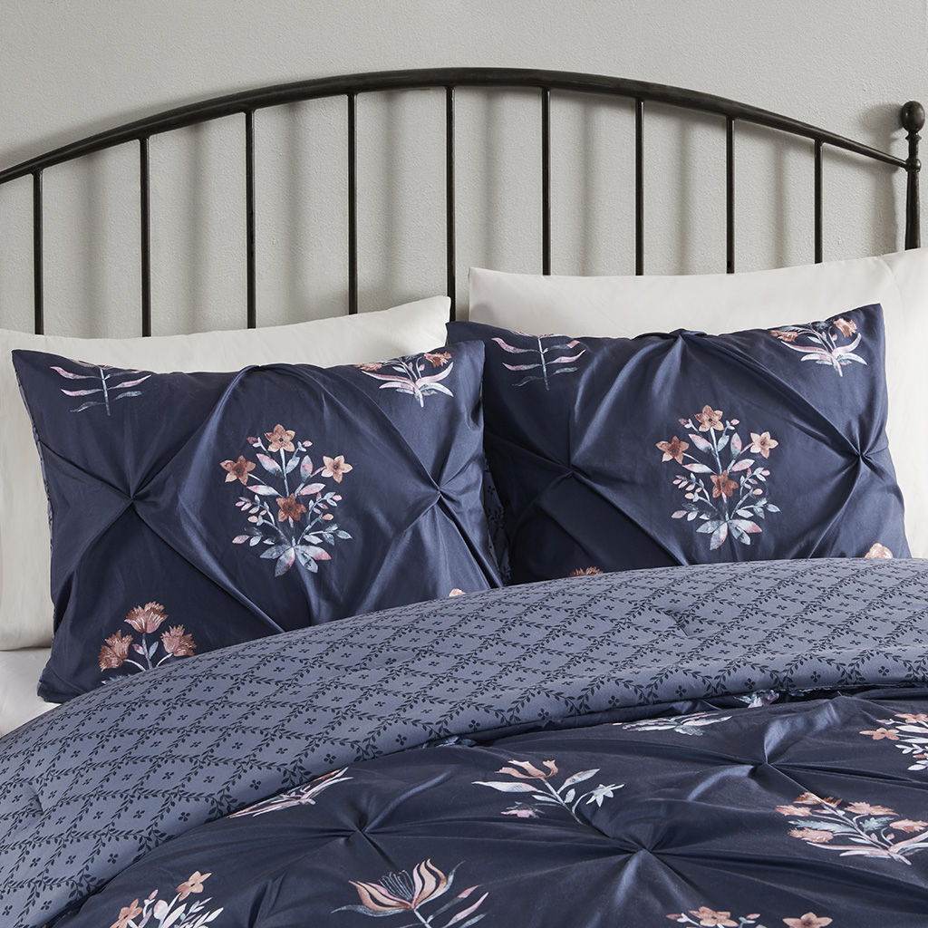 Marfa - 4 Piece Pintuck Comforter Set With Throw Pillow - Navy