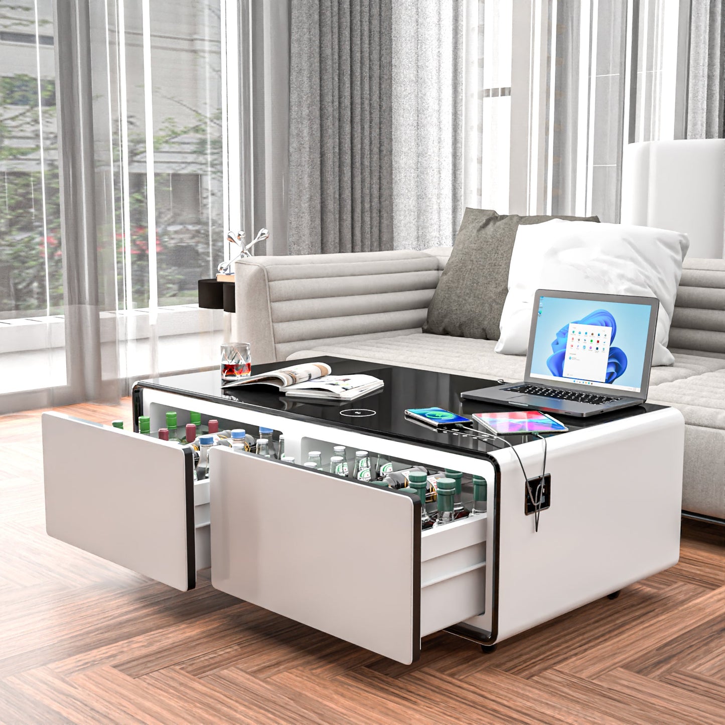 Modern Smart Coffee Table with Built-in Fridge, Bluetooth Speaker, Wireless Charging Module, Touch Control Panel, Power Socket, USB Interface, Outlet Protection, Atmosphere light, White