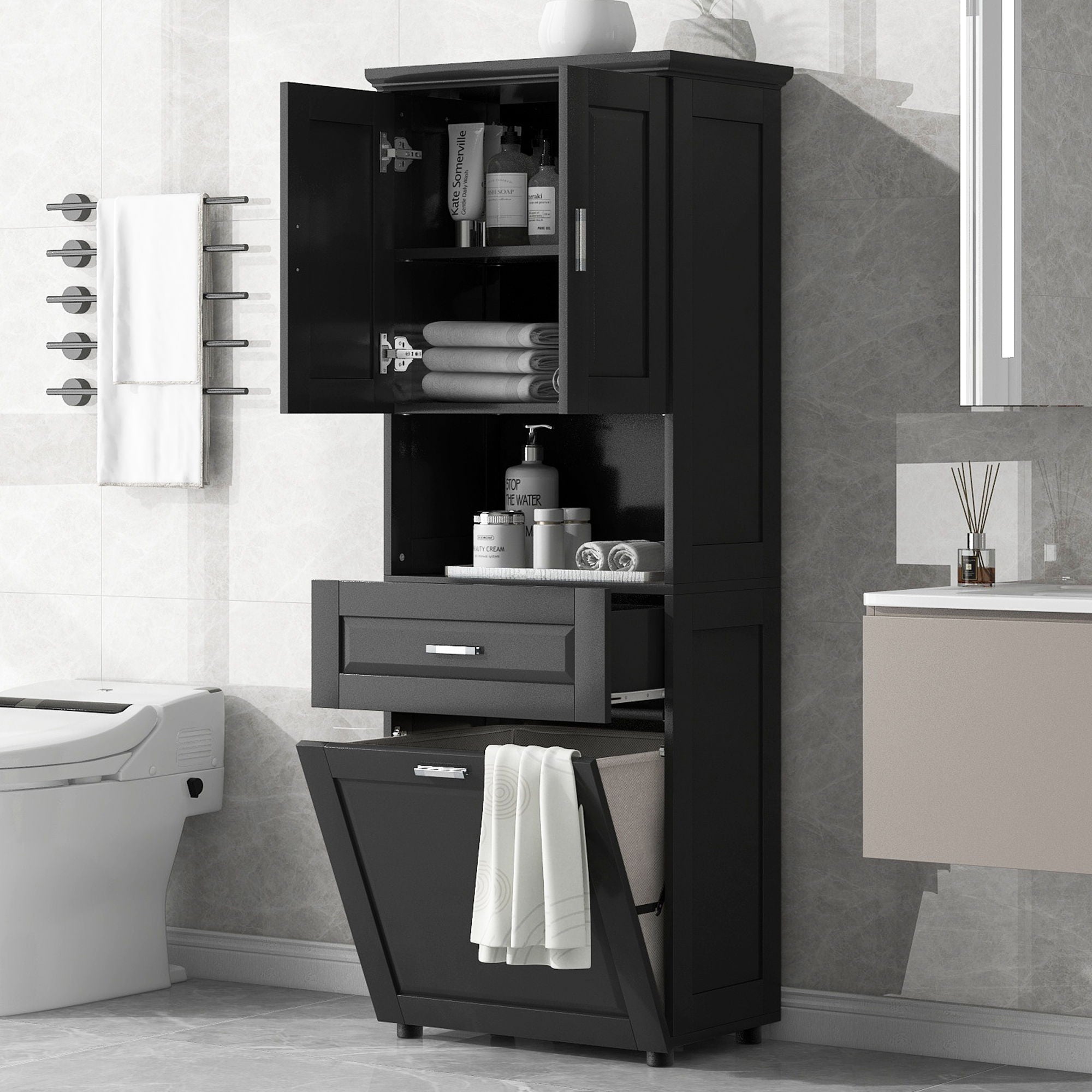 Tall Bathroom Cabinet With Tilt-Out Laundry Basket And Upper Storage