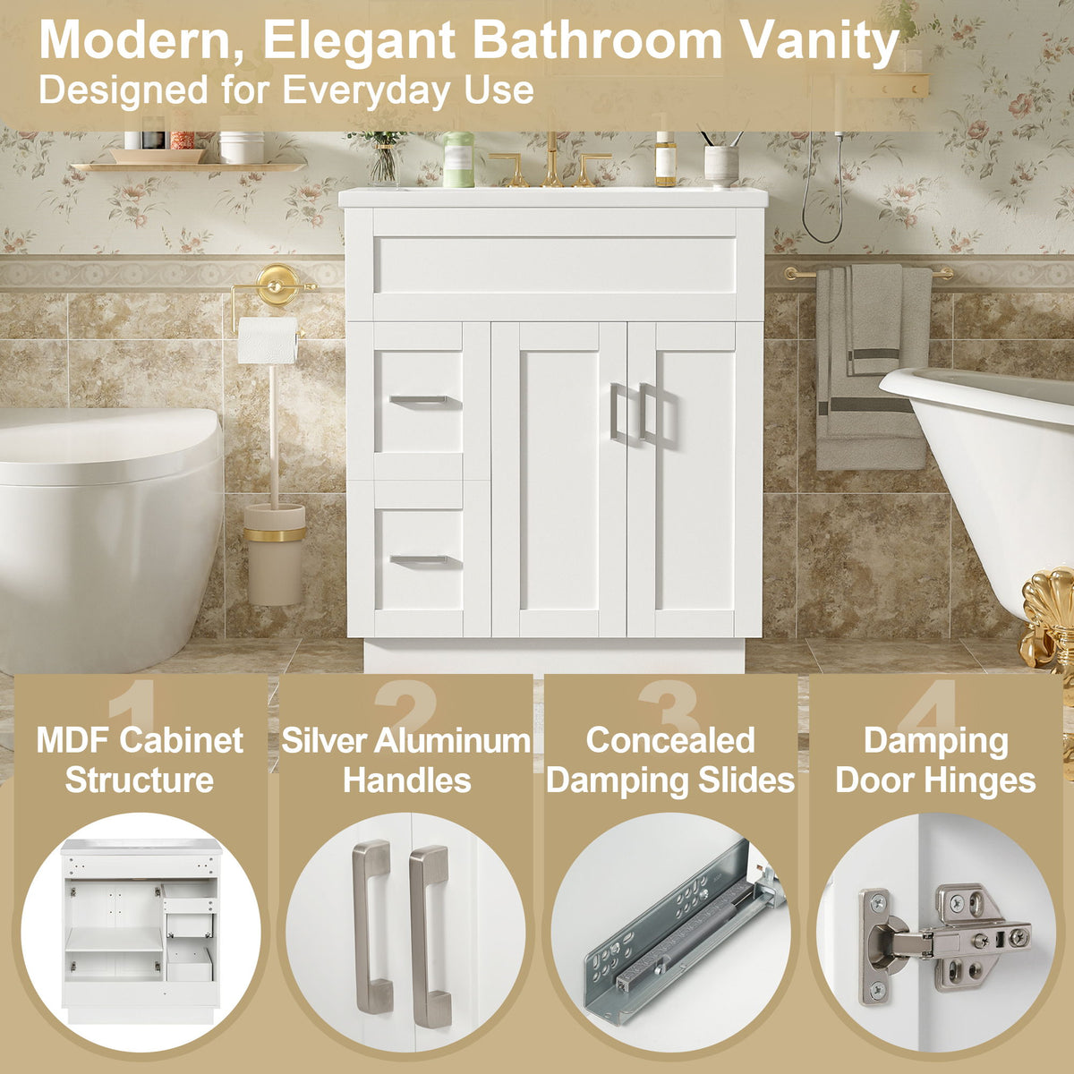 Bathroom Vanity With 2 Doors, 2 Drawers, Adjustable Shelf, Hidden Slides & Soft Close Hinges
