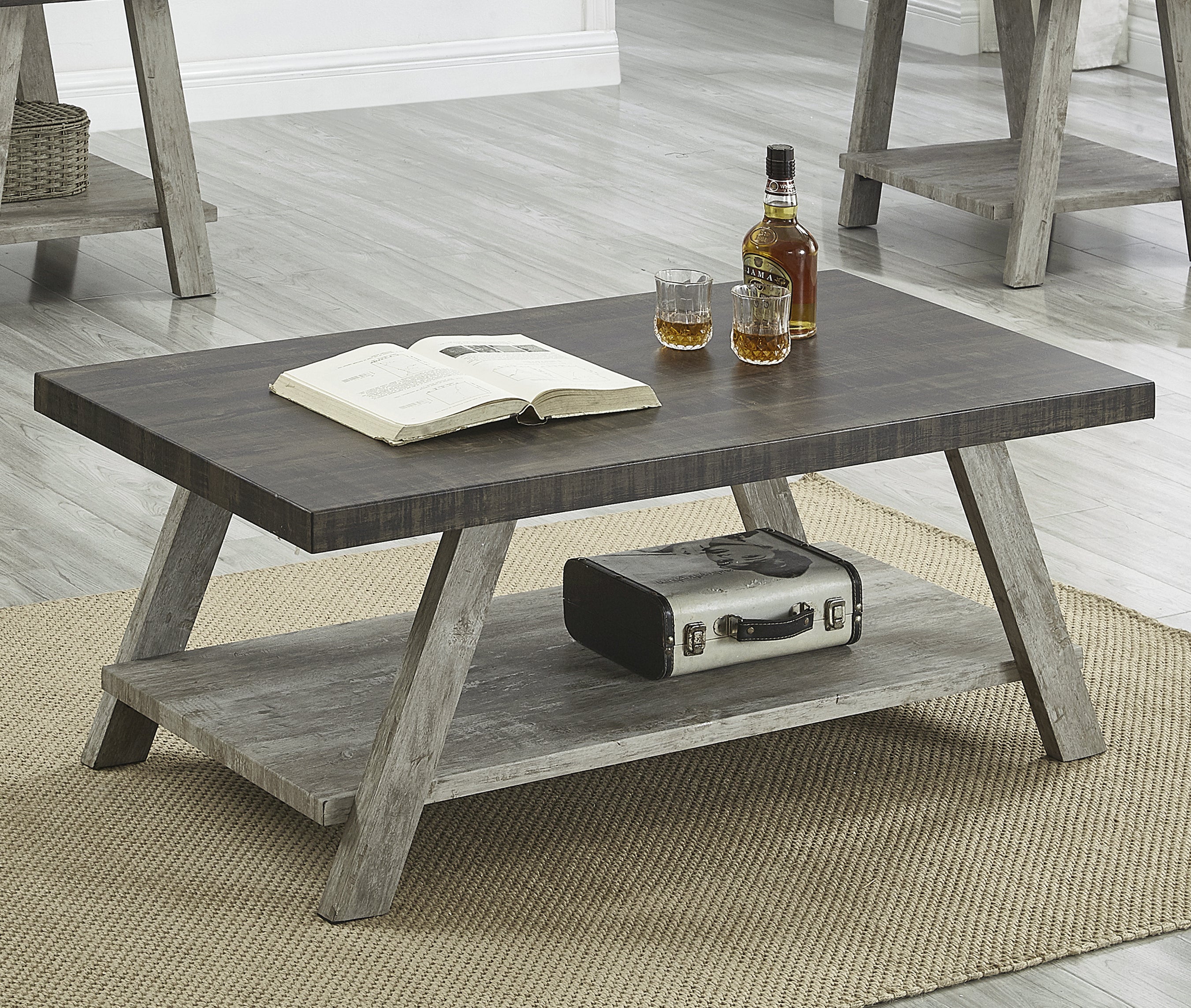 Athens Contemporary Two-Tone Wood Shelf Coffee Table in Weathered Walnut and Gray