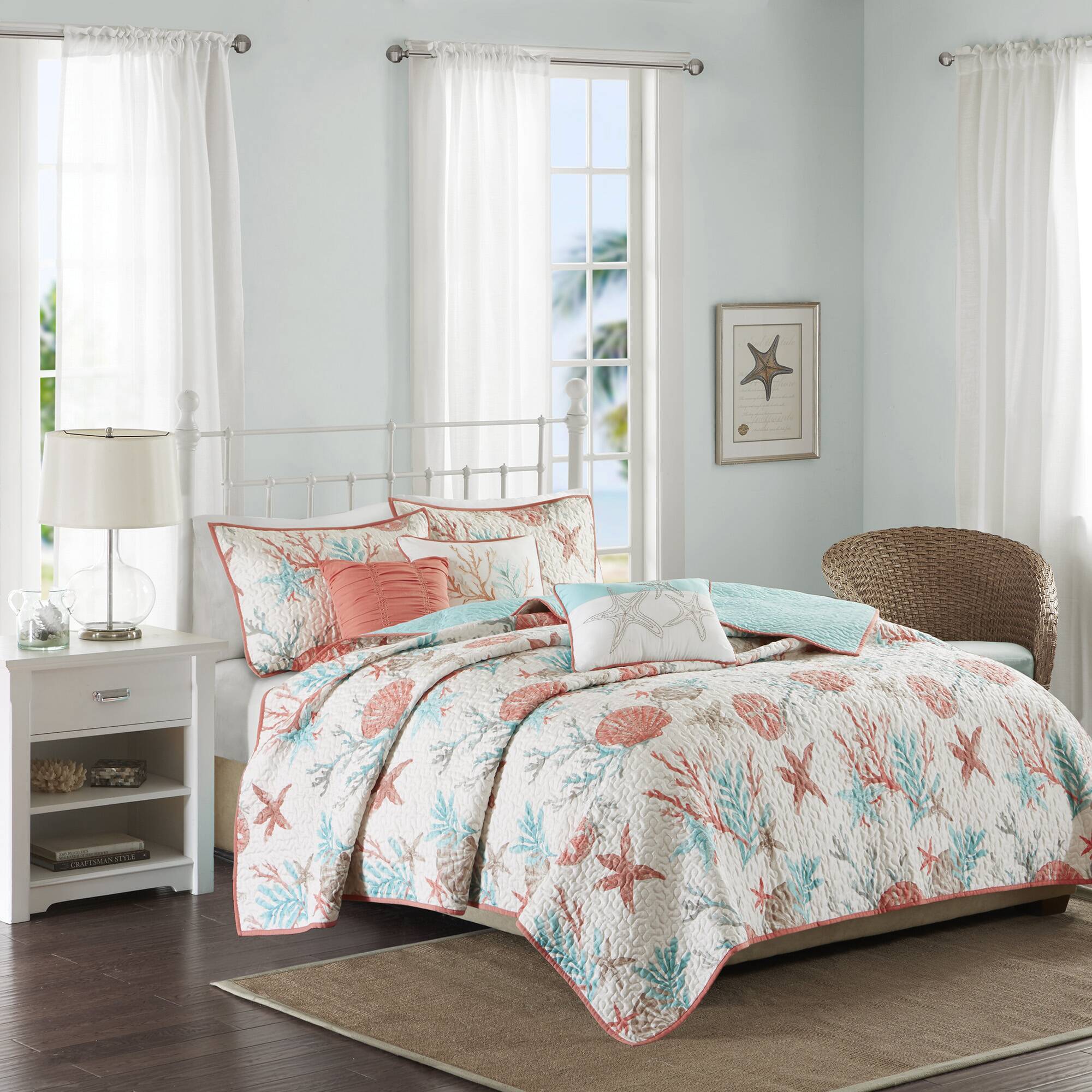 Pebble Beach - 6 Piece Reversible Coverlet Set - Coral