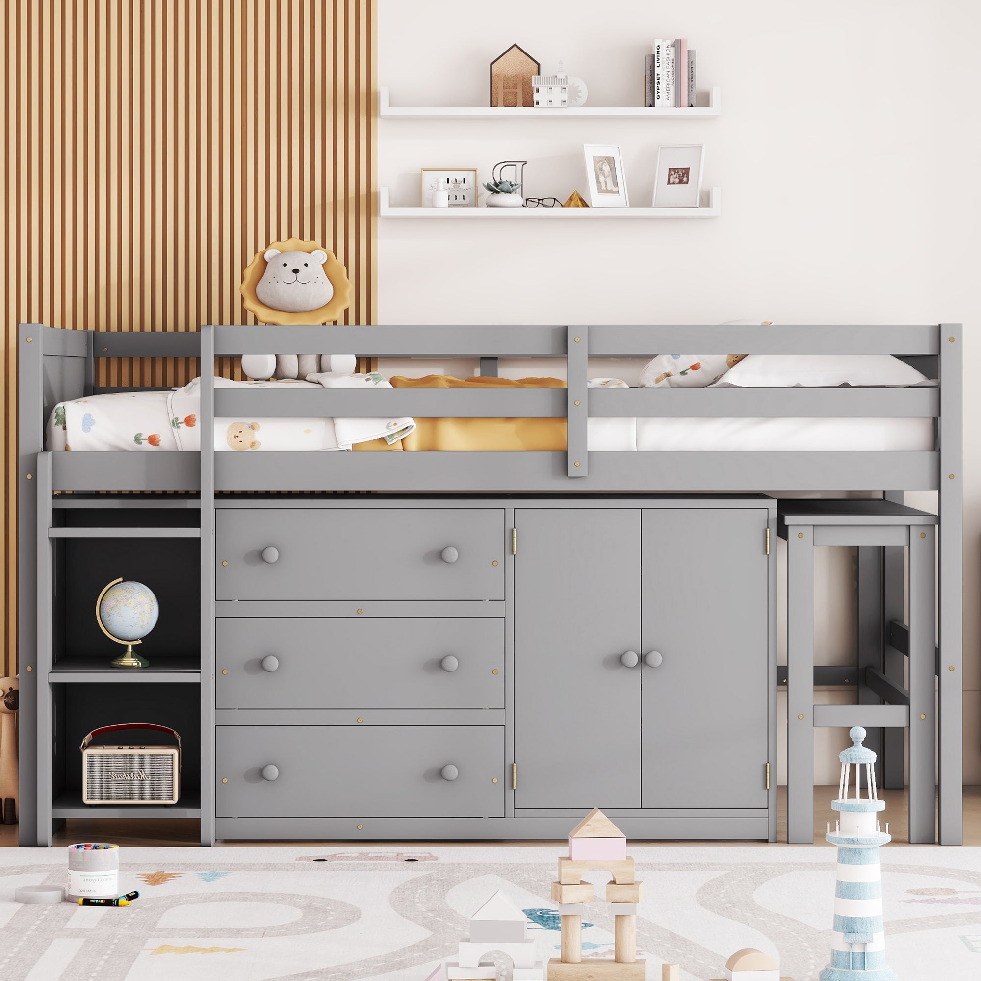 Twin Size Low Loft Bed With Pull-Out Desk, Drawers, Cabinet, and Shelves for Grey Color