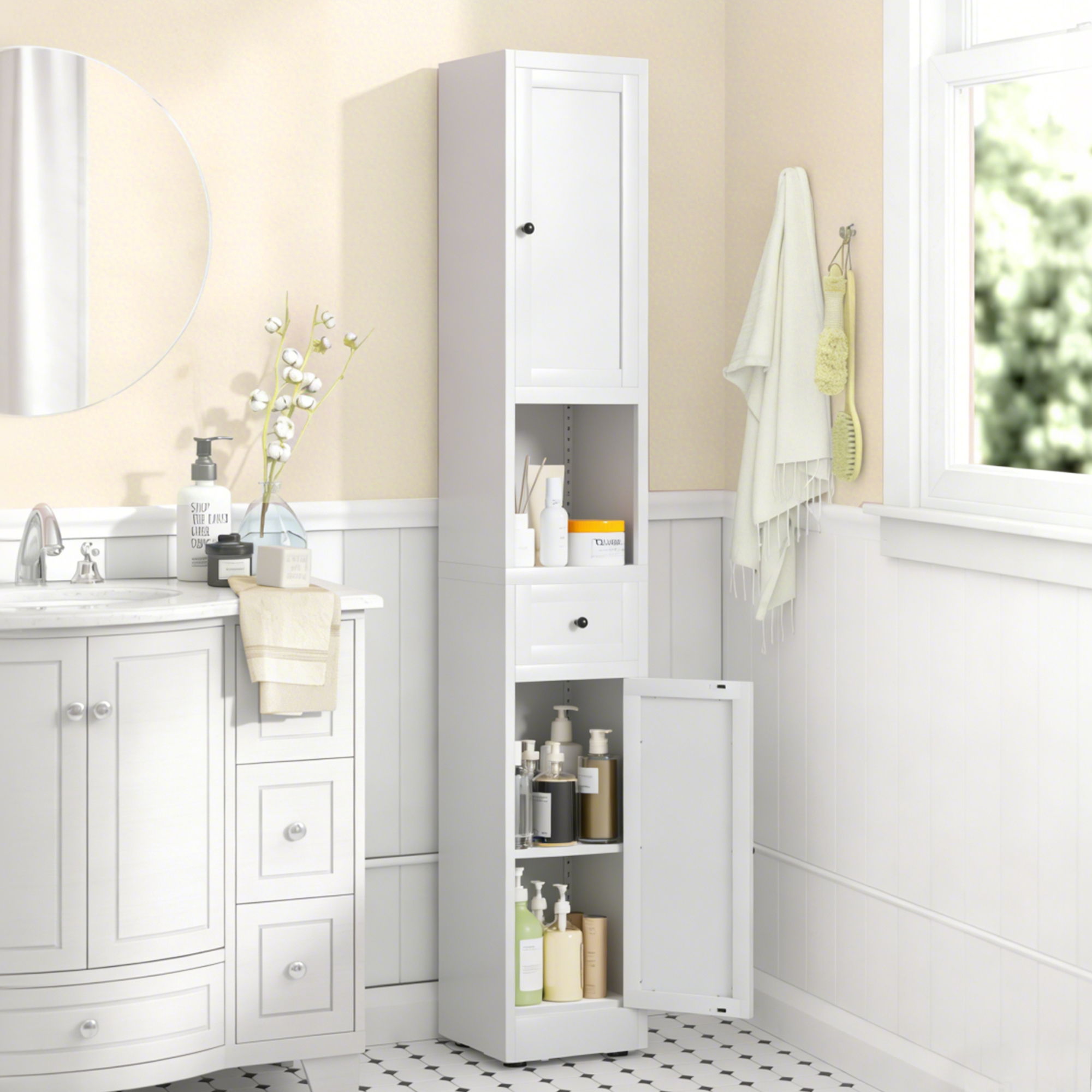 Tall Bathroom Storage Cabinet, 5-Tier Narrow With 2 Doors & Adjustable Shelves, Freestanding - White
