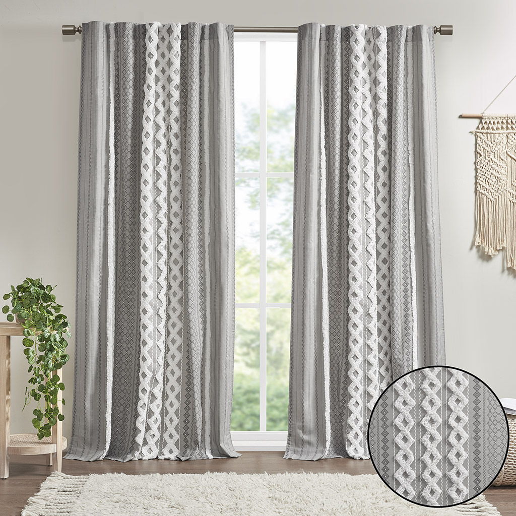 Imani - Cotton Printed Curtain Panel With Chenille Stripe And Lining - Gray