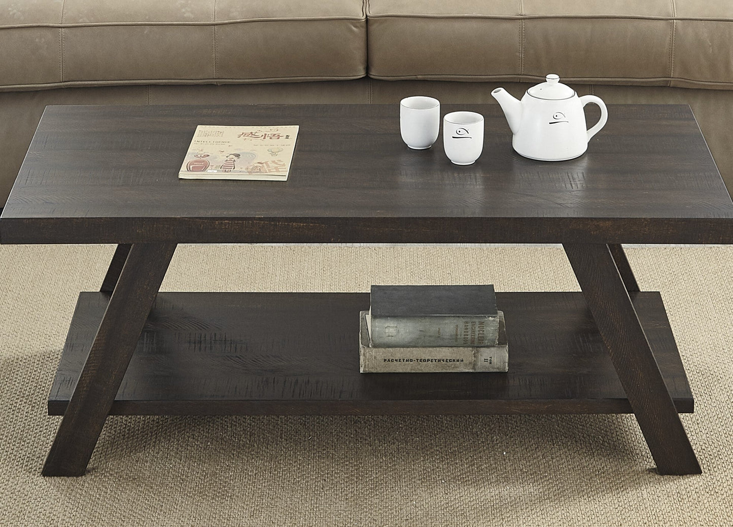 Athens Contemporary Wood Shelf Coffee Table in Weathered Espresso