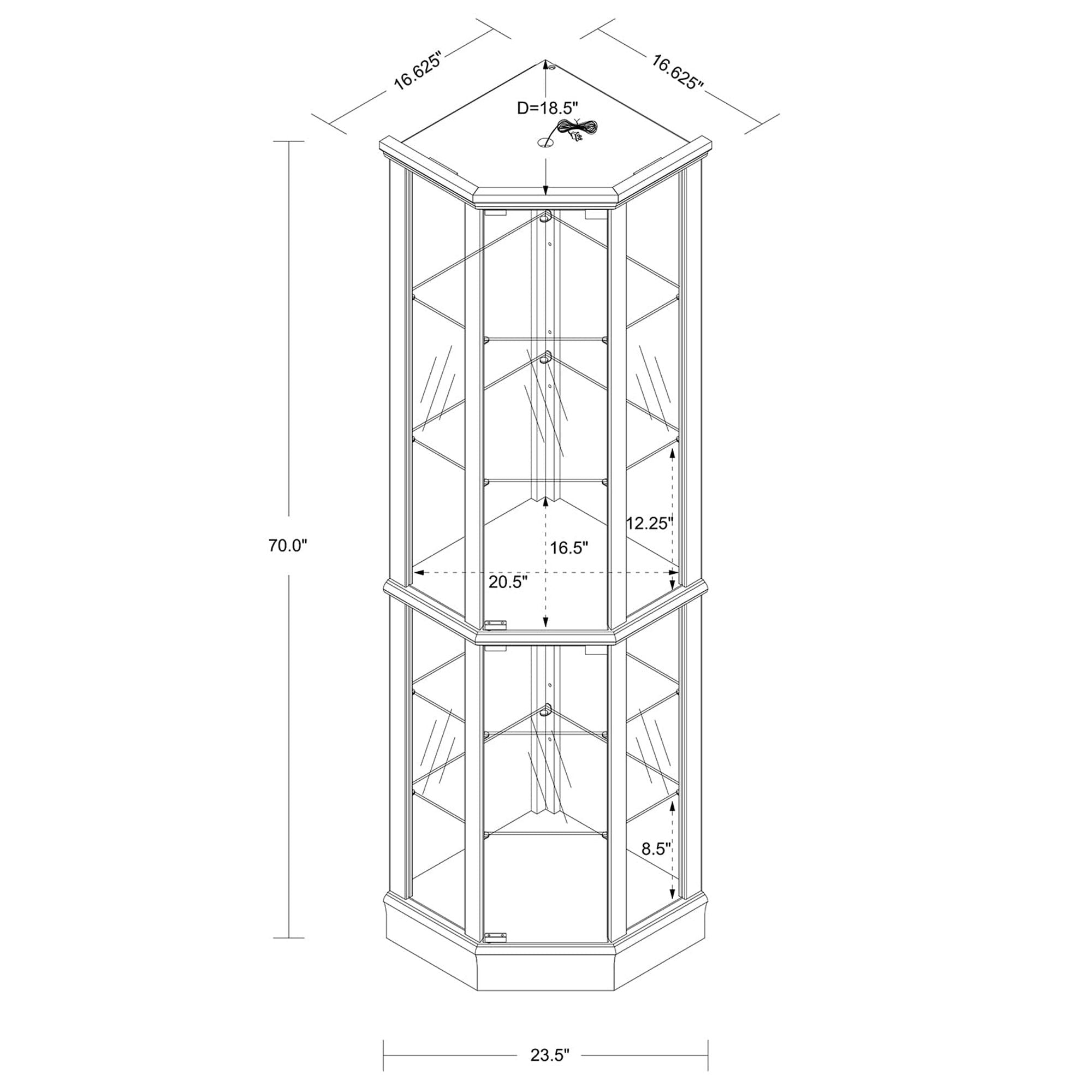 6 Shelf Lighted Corner Curio Cabinet With Adjustable Tempered Glass Shelves And Mirror Back (E26 Light Bulb Not Included)
