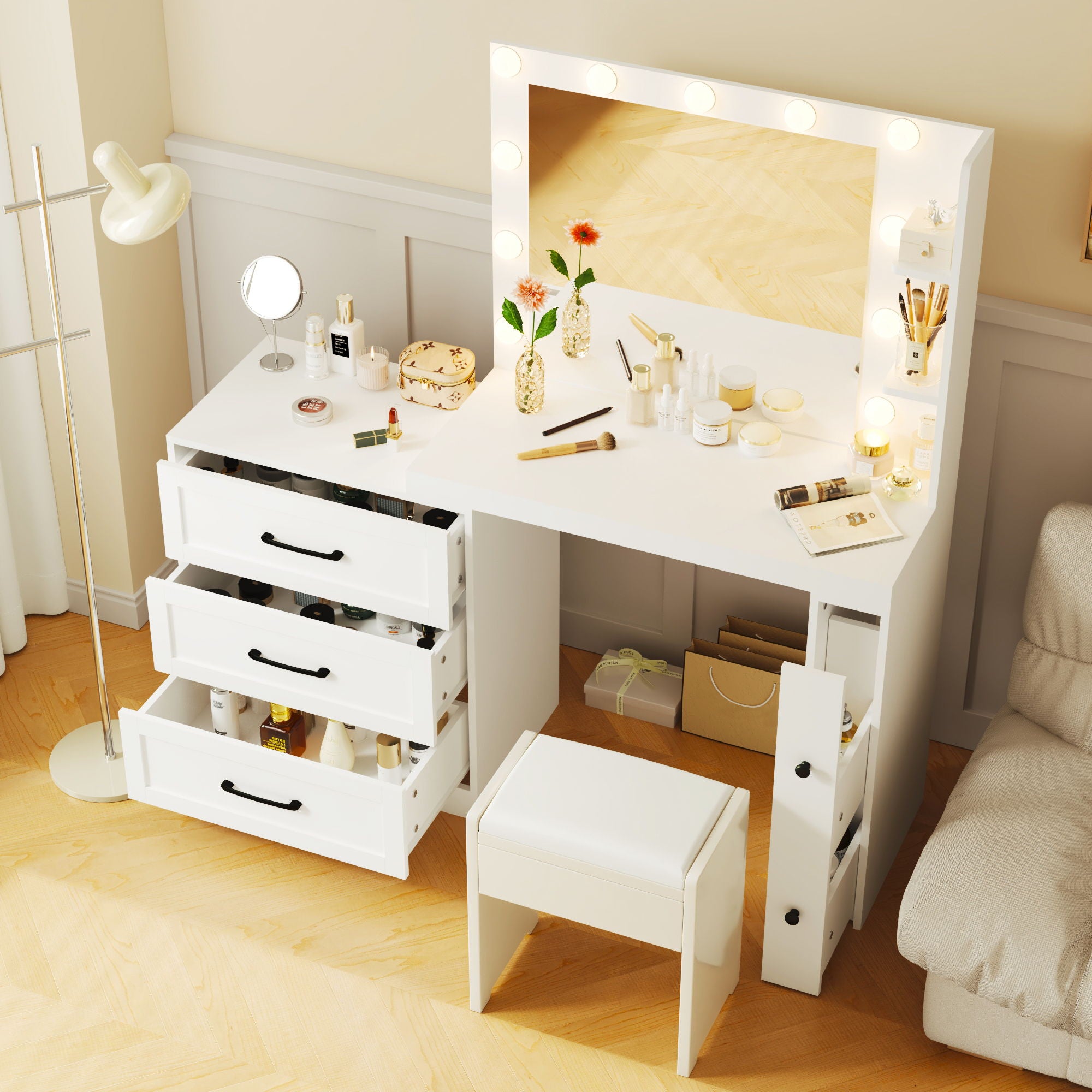 Vanity Desk With Freely Adjustable Side Cabinet, Makeup Vanity With Hollywood Lights, 5 Storage Drawers & 2-Shelves, Modern Dressing Table - White
