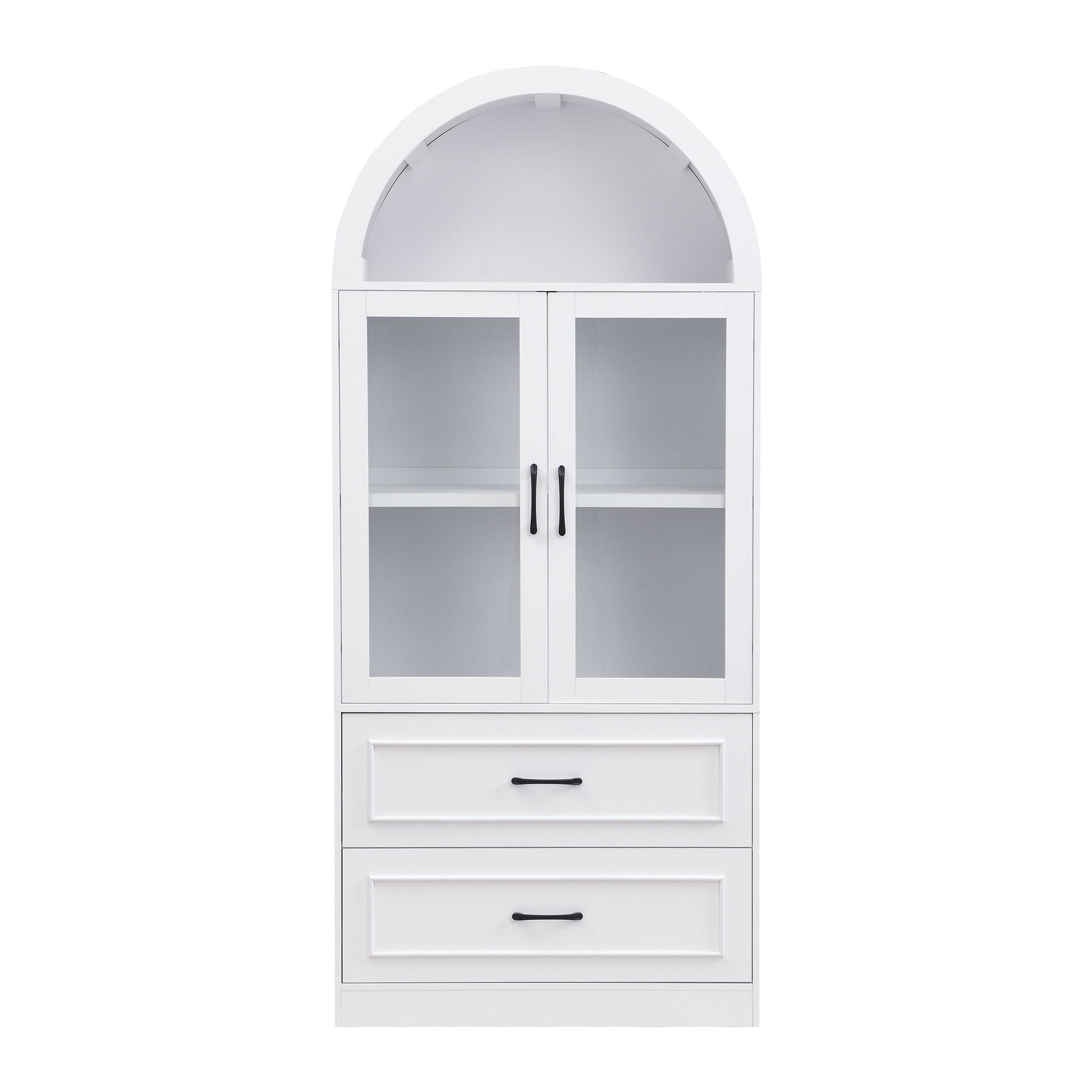 Arched Top Storage Cabinet With Fixed 2 Tier Shelves, 2 Large Drawers