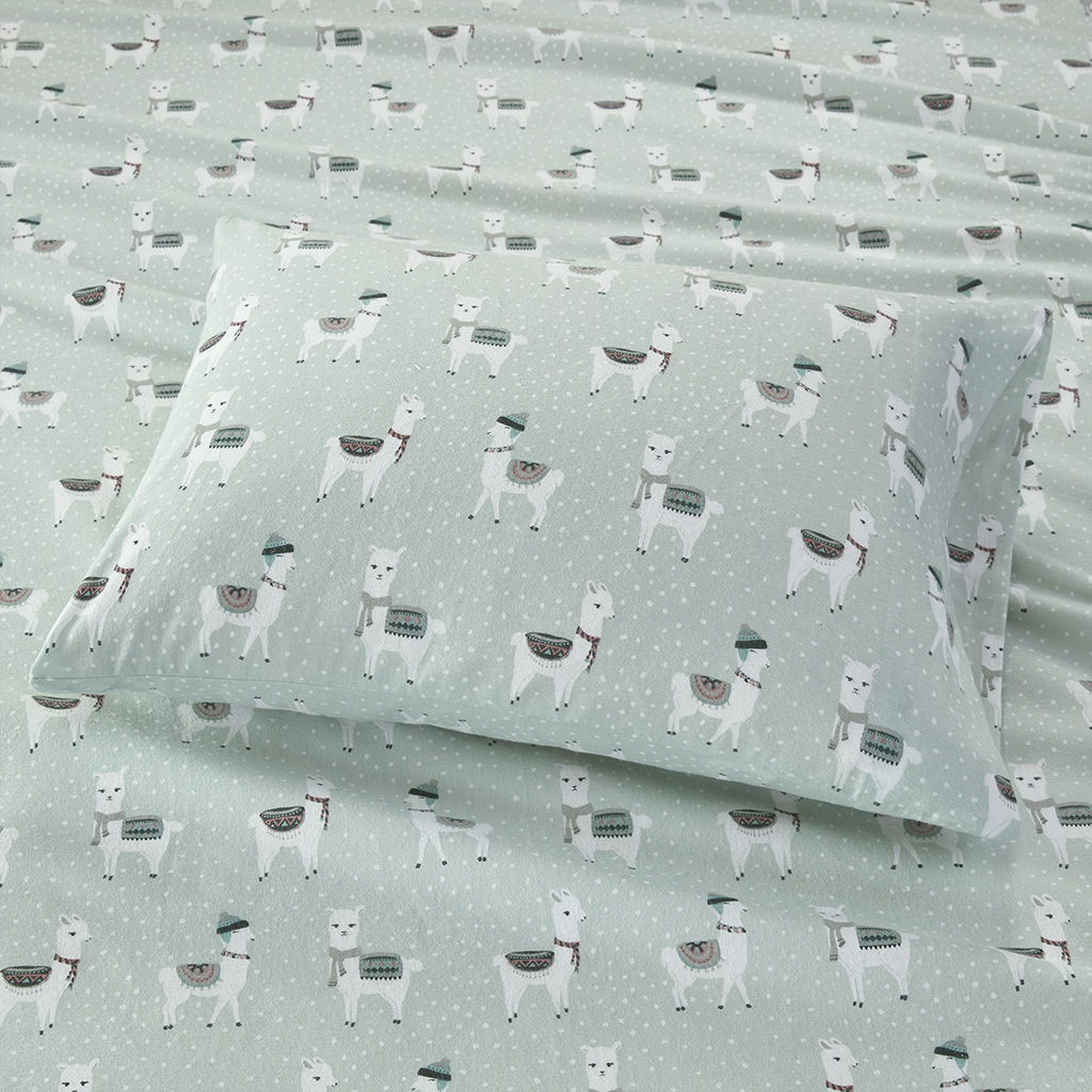 Cozy Flannel - Queen Printed Sheet Set - Seafoam Llama
