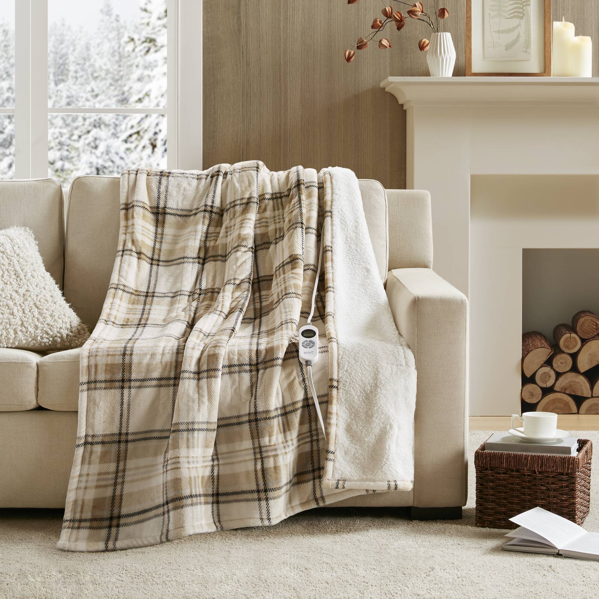 Print Plush To Sherpa - 50X60" Heated Throw - Tan Plaid
