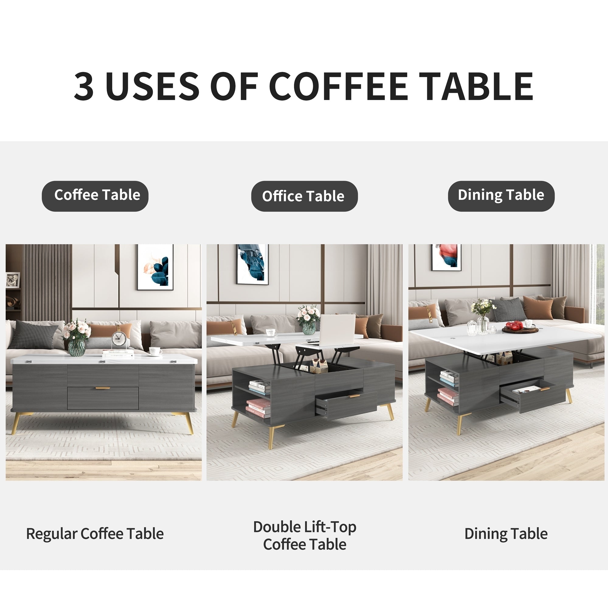 Modern Lift Top Coffee Table Multi Functional Table with Drawers in Gray & White