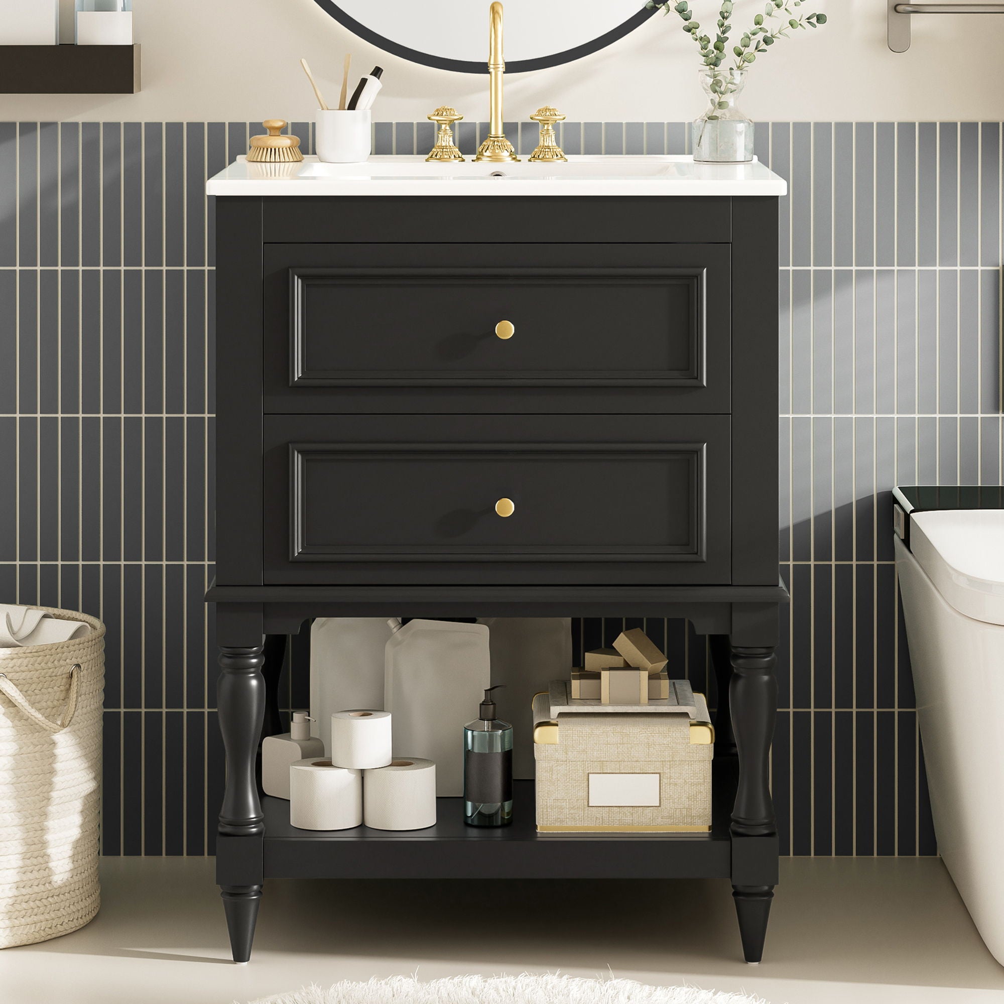 Bathroom Vanity With Sink, 2 Drawers Storage Cabinet, Open Shelf