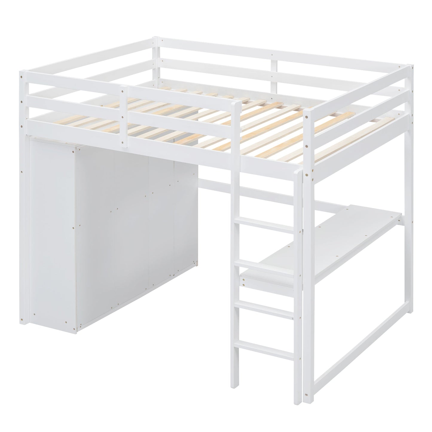 Wood Full Size Loft Bed with Built-in Wardrobe, Desk, Storage Shelves and Drawers, White