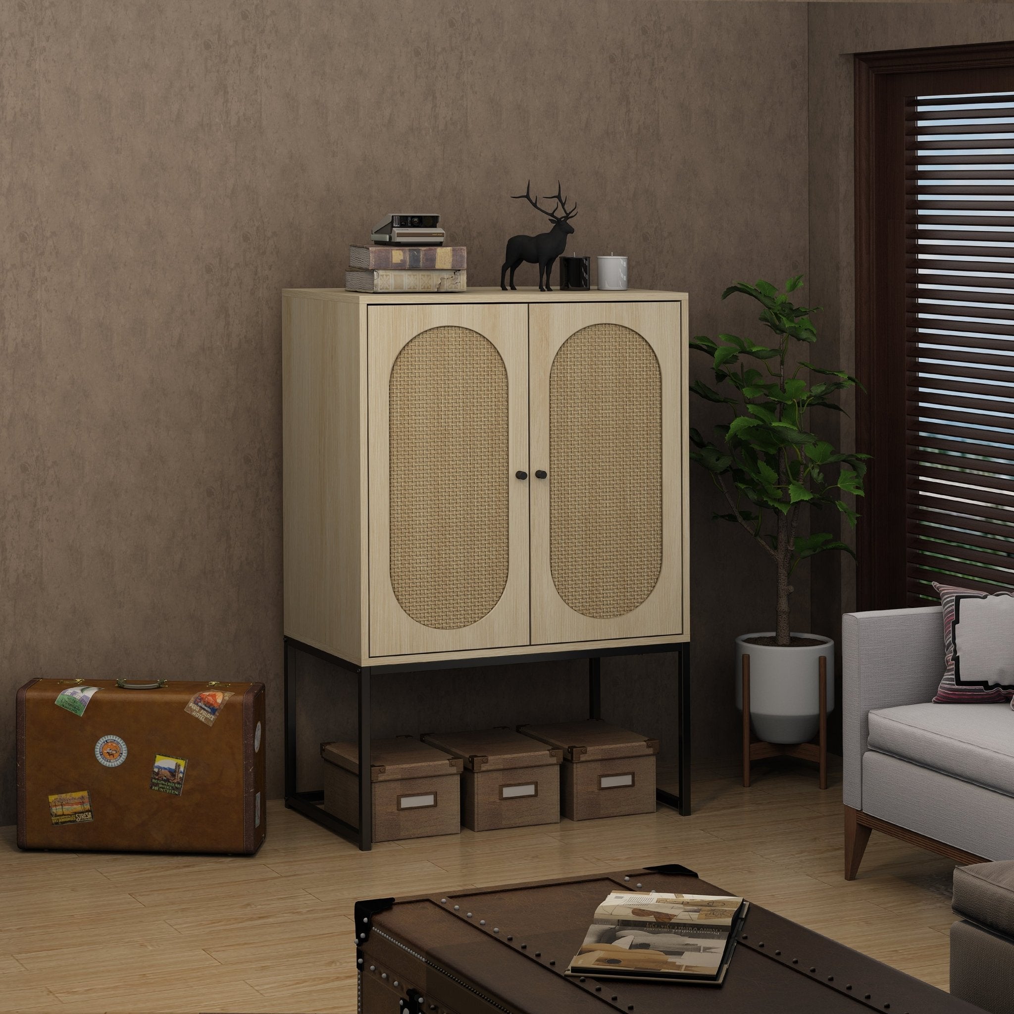 Allen 2 Door high cabinet, rattan, Built-in adjustable shelf, Easy Assembly, Free Standing Cabinet for Living Room Bedroom