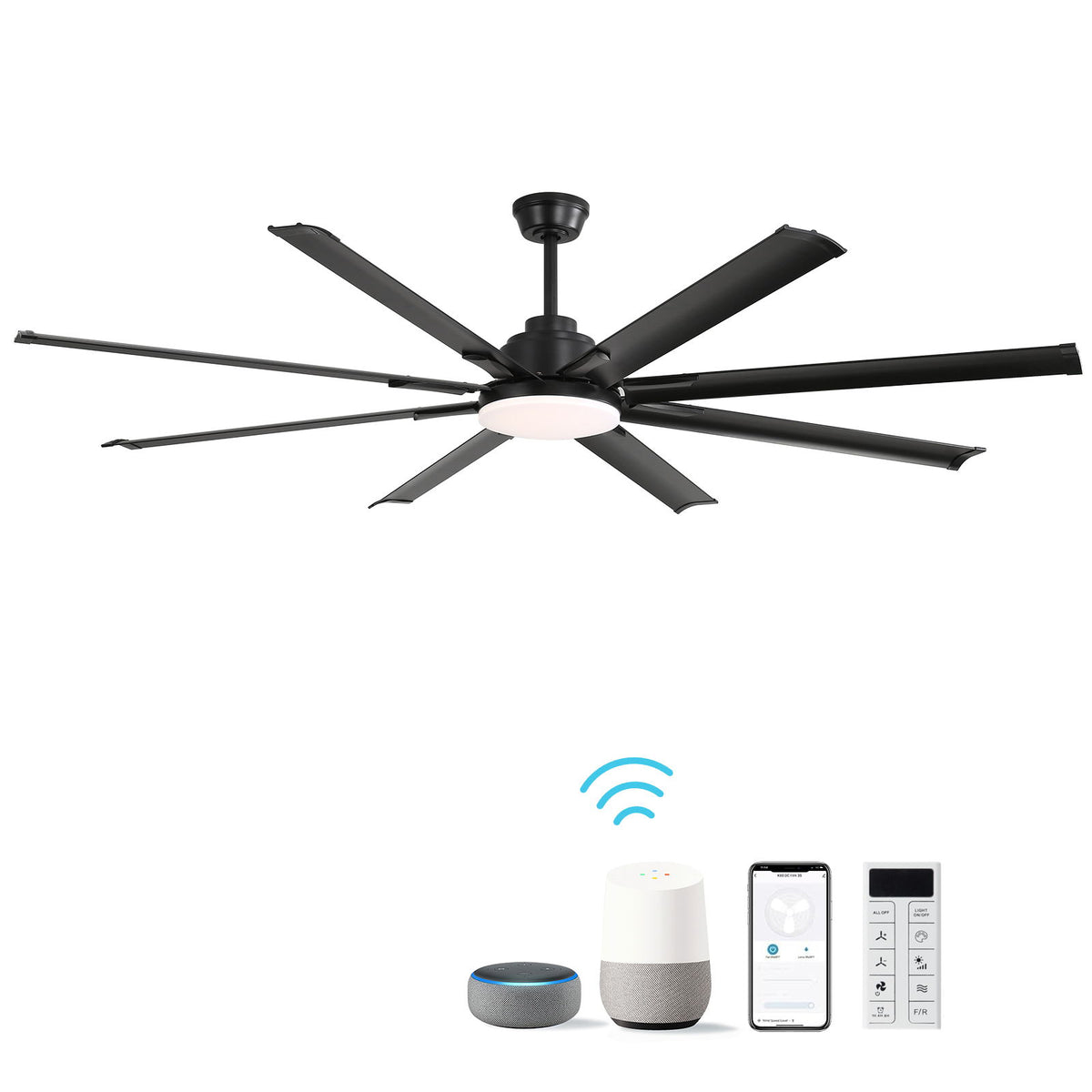 72" Large Design Ceiling Fan With Smart Remote Control, 6 Wind Speed DC Motor For Living Room - Black