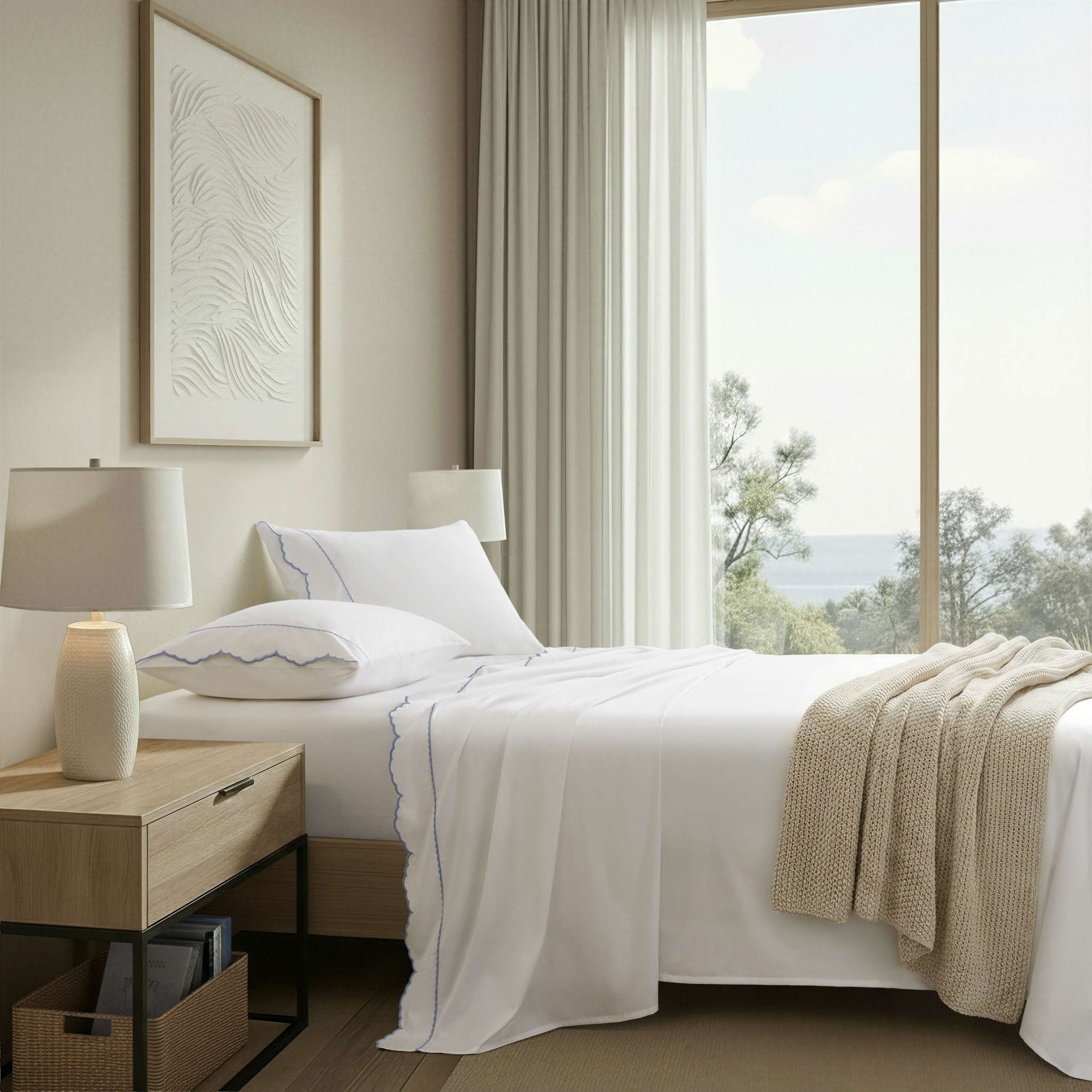 Brielle Scalloped Edge - 4 Piece Queen Cotton Sheet Set - Blue / White