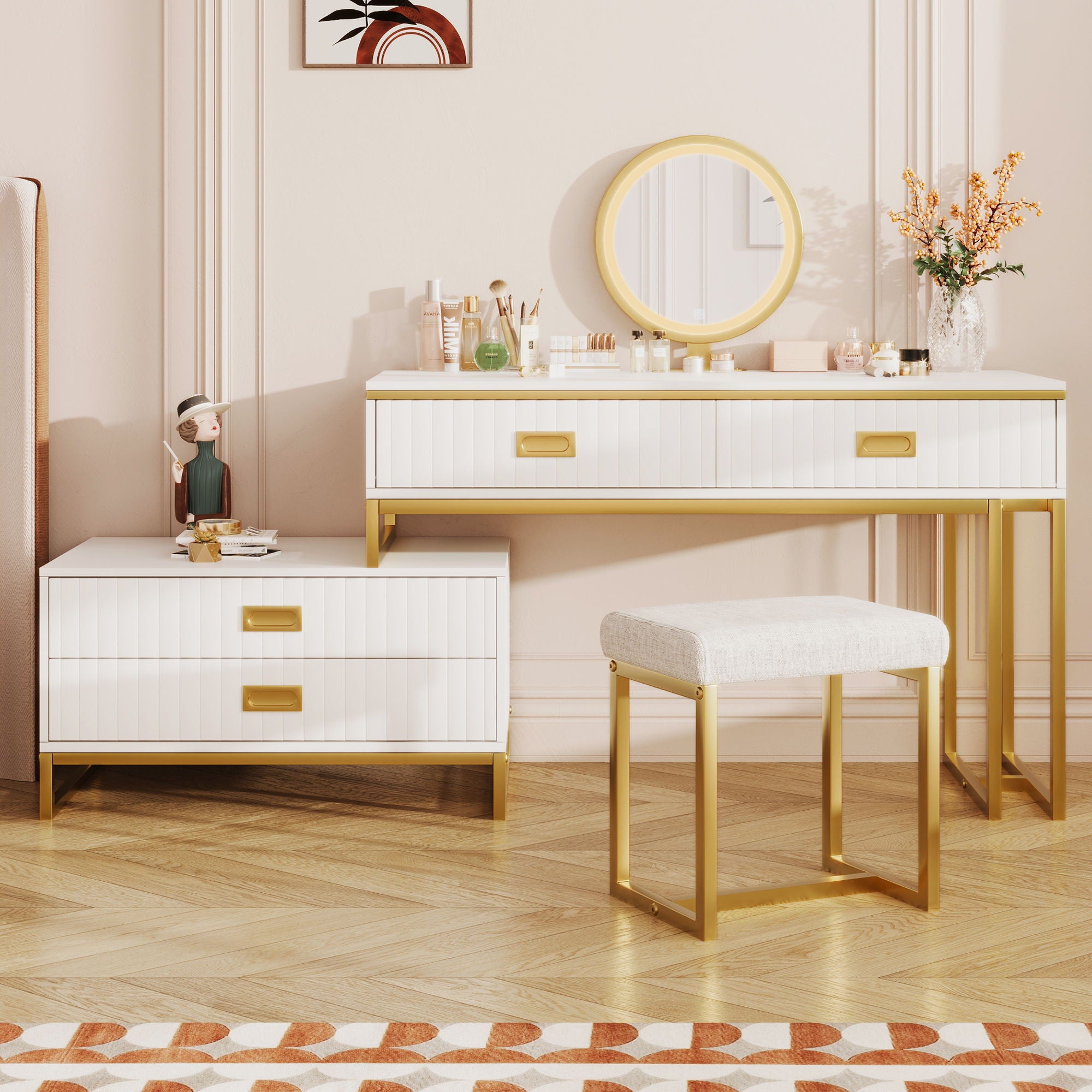 Modern Style Vanity Table With Movable Side Cabinet And 4 Drawers, Large Size Dressing Table With Mirror And 3 Colors Led Light, Makeup Table With Stool - White / Golden