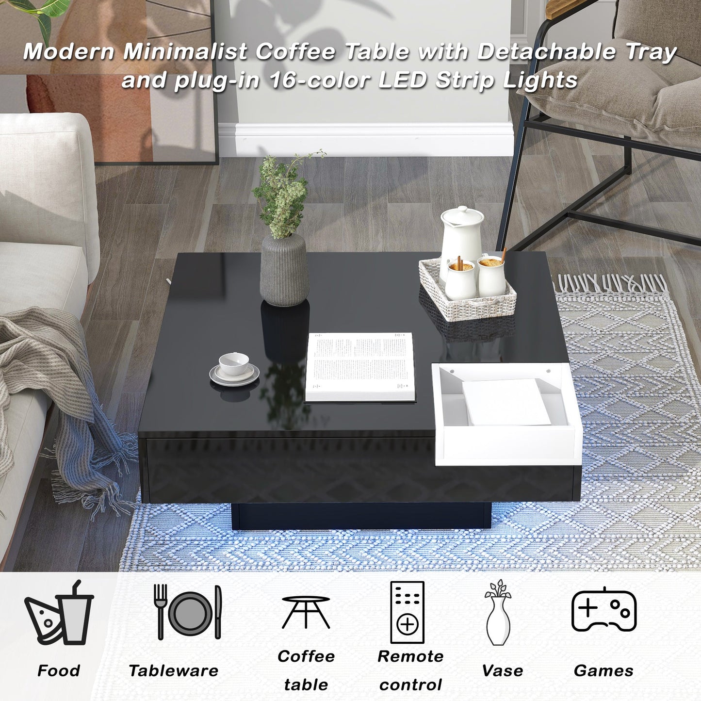 Modern Minimalist Design 31.5*31.5in Square Coffee Table with Detachable Tray and Plug-in 16-color LED Strip Lights Remote Control for Living Room (OLD SKU: WF291303AAB )