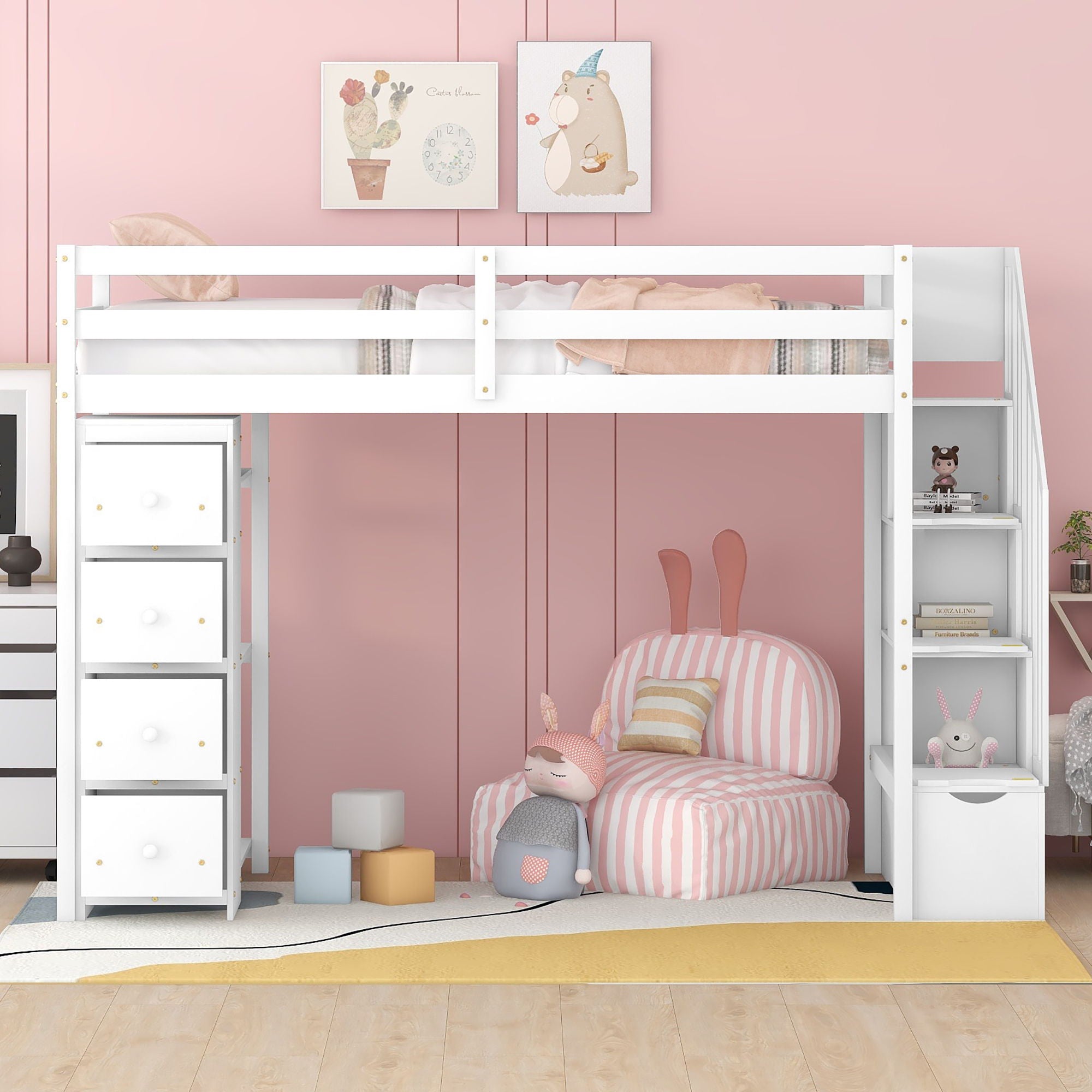 Loft Bed With Storage Drawers And Stairs With Shelves