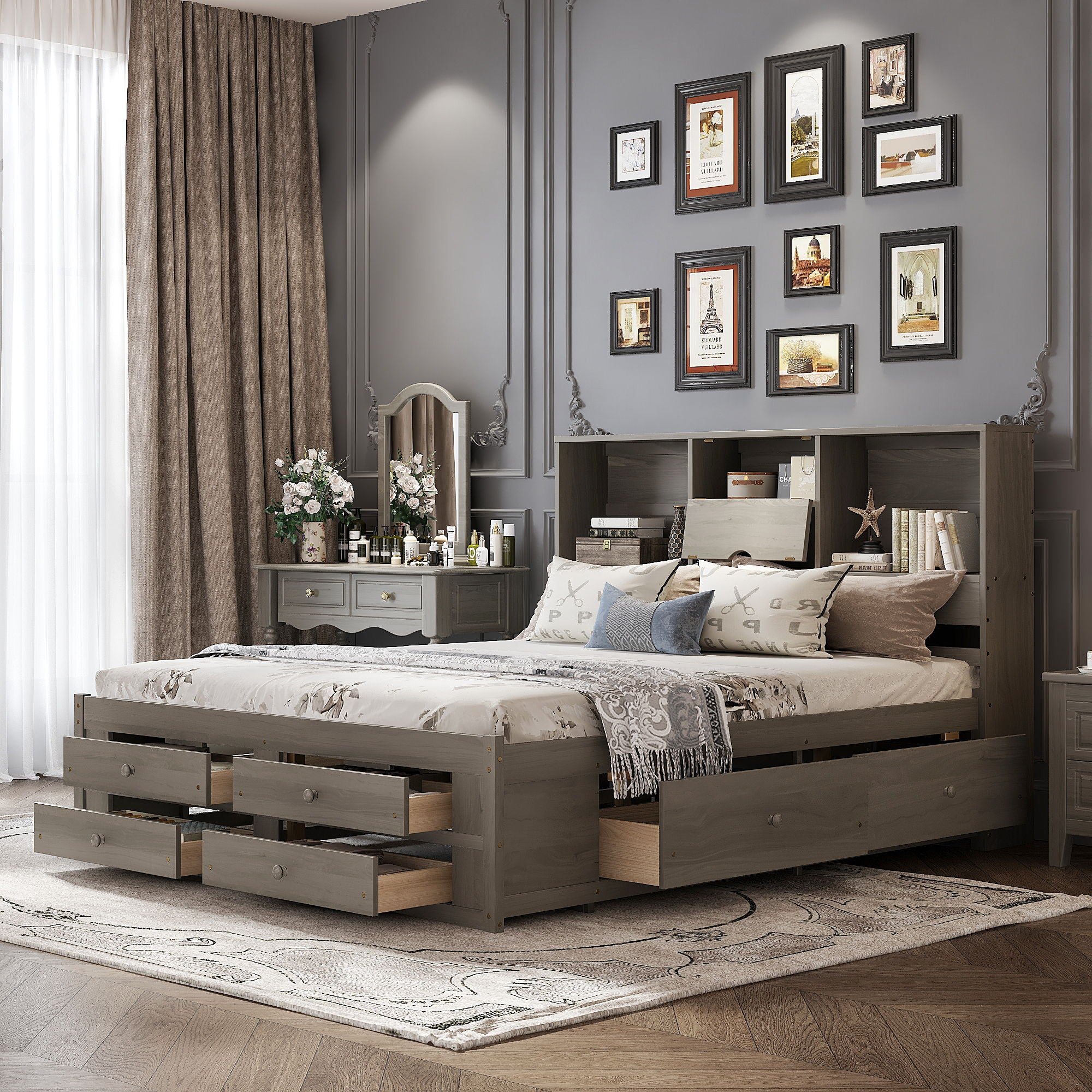Platform Bed With Storage Headboard And 8 Drawers