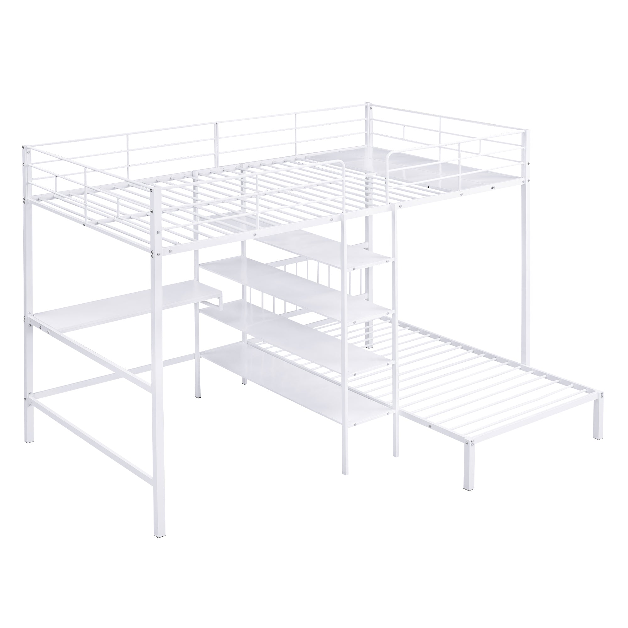 Full Over Twin Metal Bunk Bed with Built-in Desk, Shelves and Ladder, White