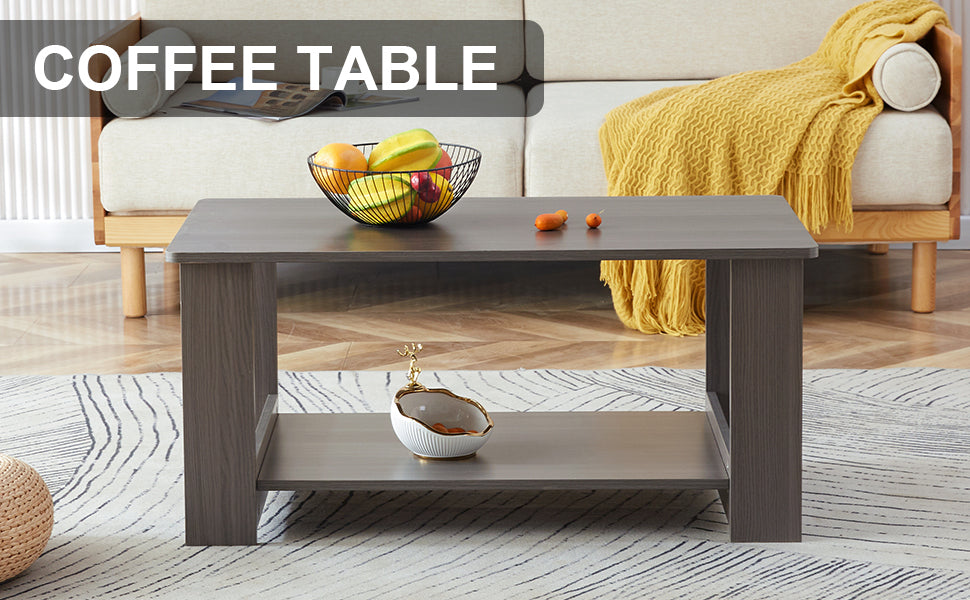 Modern minimalist gray wood grain double layered rectangular coffee table,tea table.MDF material is more durable,Suitable for living room, bedroom, and study room.19.6"*35.4"*16.5" CT-16