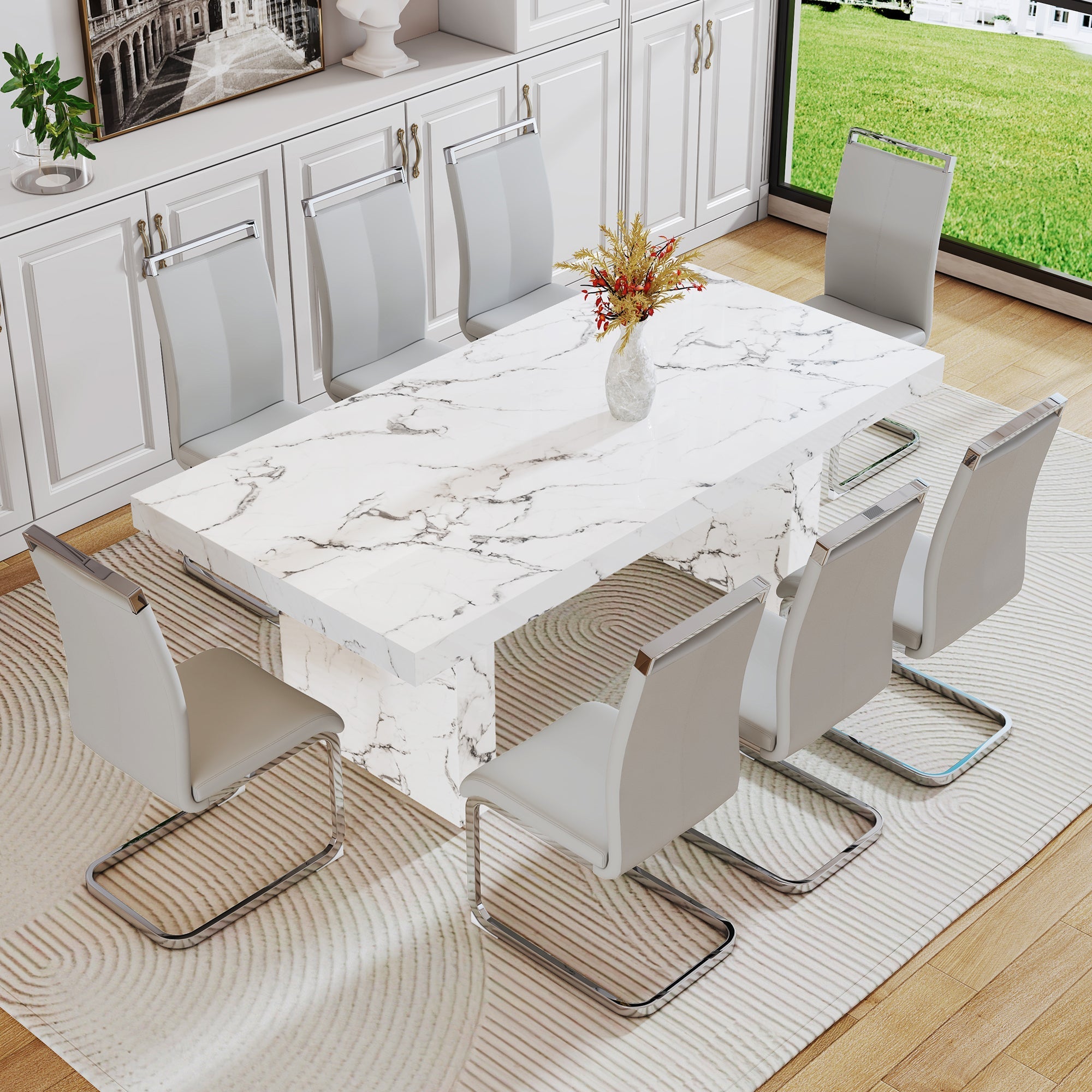 Modern rectangular dining table, office desk. MDF material. The white kitchen dining table has patterns and is suitable for 8-10 people.