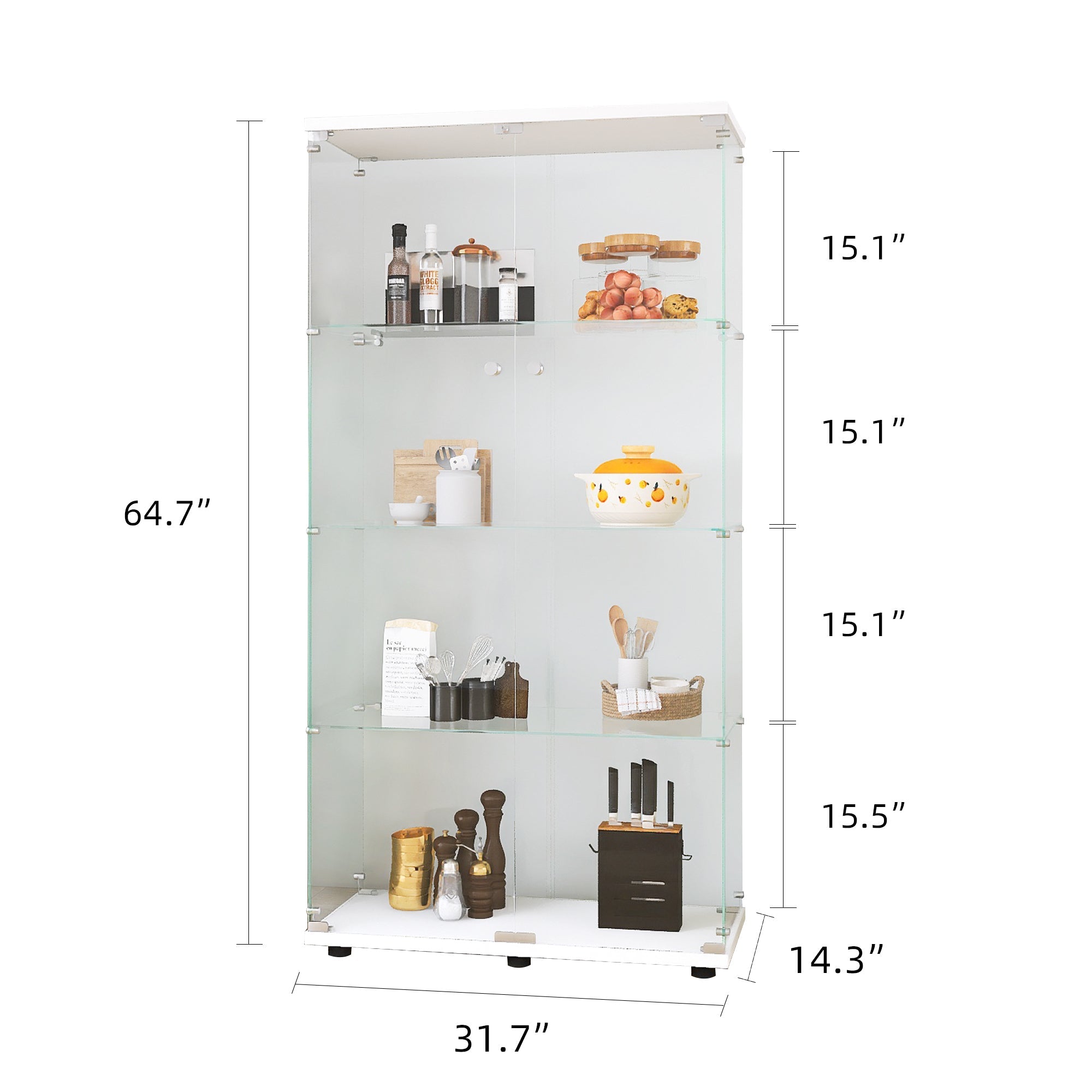 Two-door Glass Display Cabinet 4 Shelves with Door, Floor Standing Curio Bookshelf for Living Room Bedroom Office, 64.7"*31.7"*14.3", White