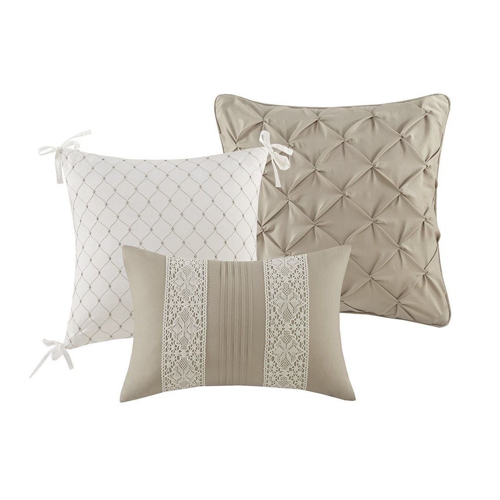 Lacey - 7 Piece Microfiber Lace Trim Comforter Set With Throw Pillows - Taupe