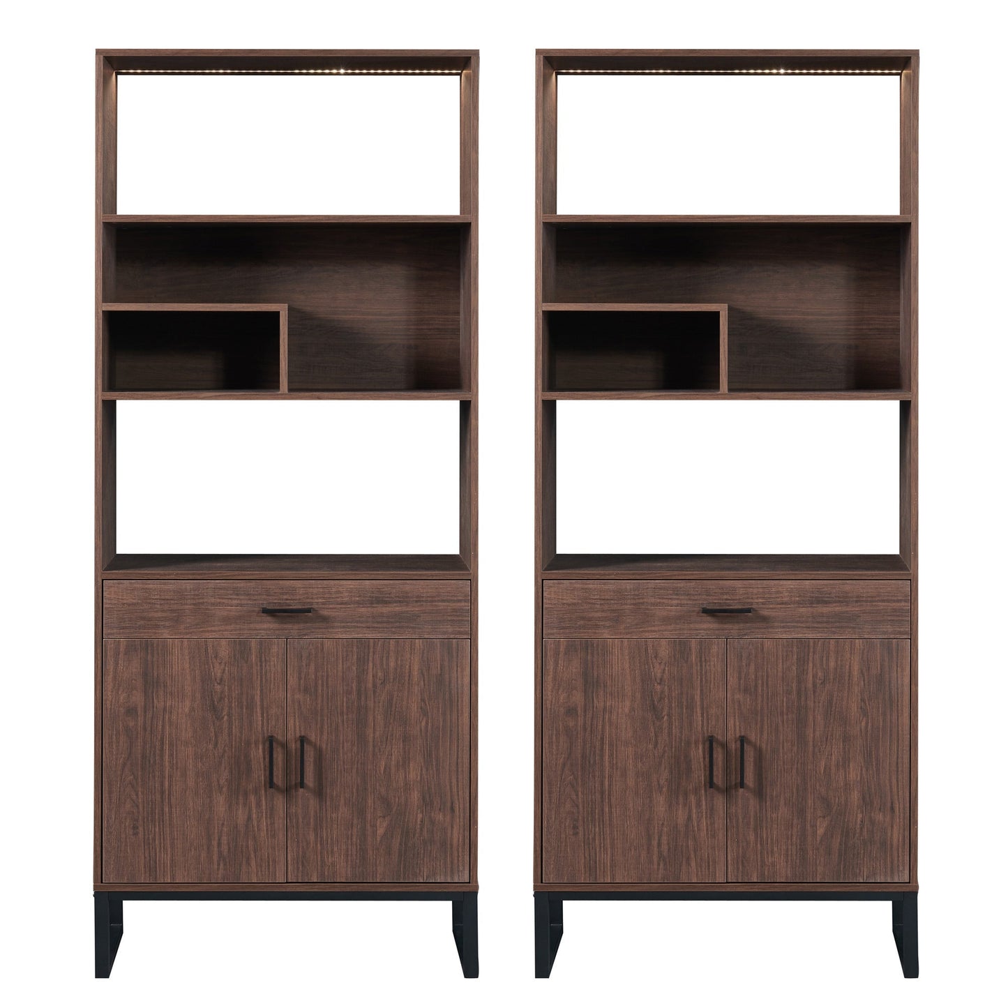 75.9"Modern Open Bookshelf Suite with Doors, Bookcase Suite with Storage drawers and LED Strip Lights,Free Standing Display Rack,Wooden Tall Bookshelf Suite for Living Room and Office, Walnut