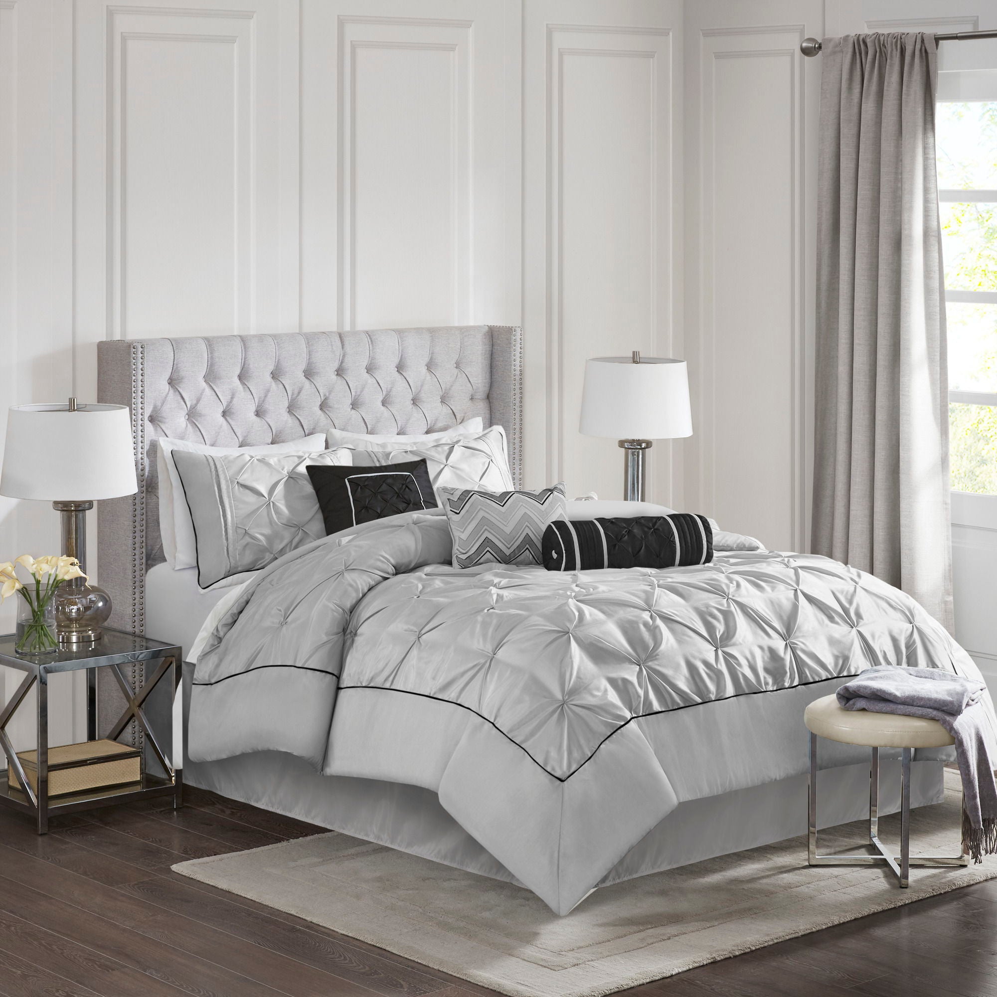 Laurel - Pieced Pleated 7-Piece Tufted Comforter Set - Gray