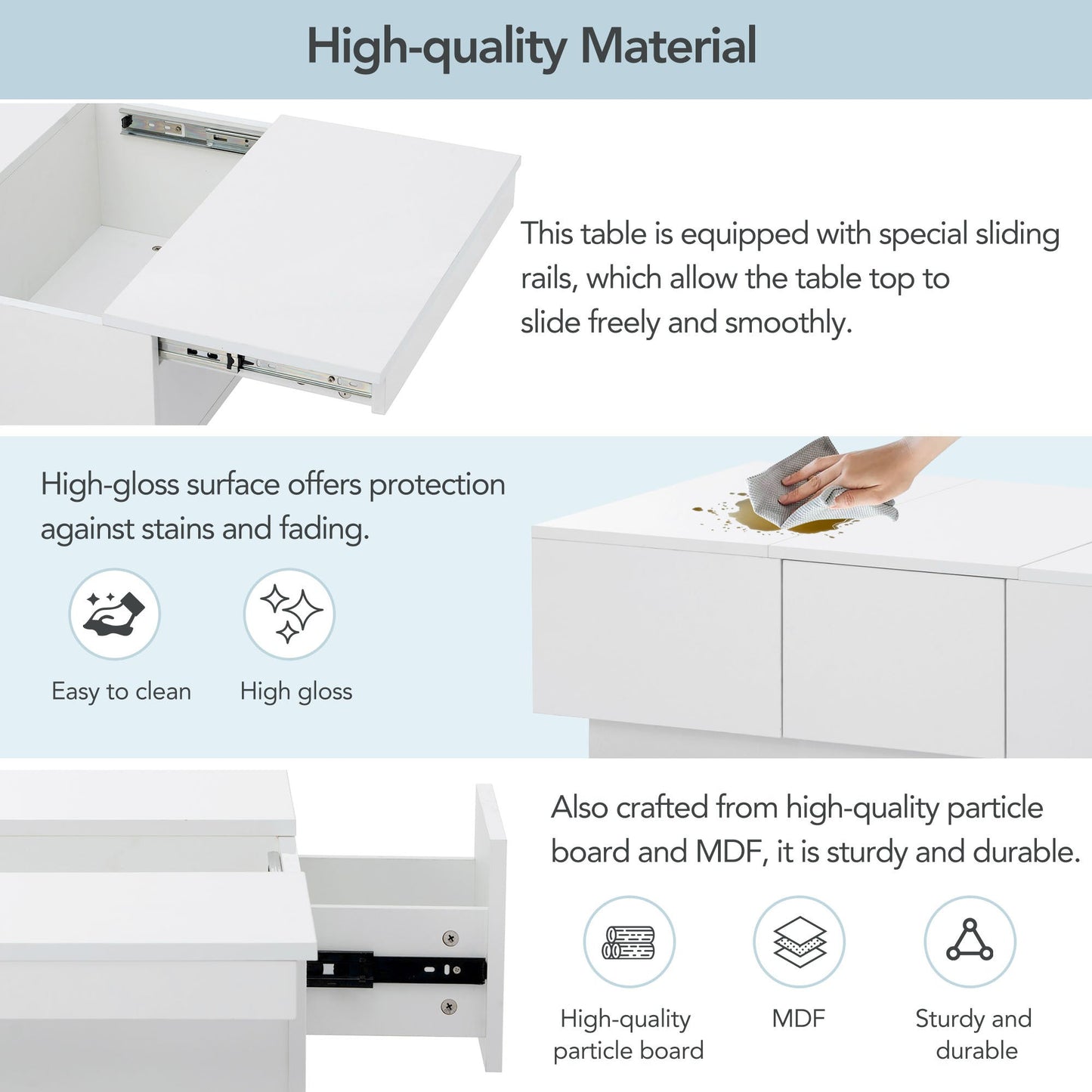 Coffee Table with 2 large Hidden Storage Compartment, Extendable Cocktail Table with 2 Drawers, High-gloss Center Table with Sliding Top for Living Room, 39.3"x21.6", White