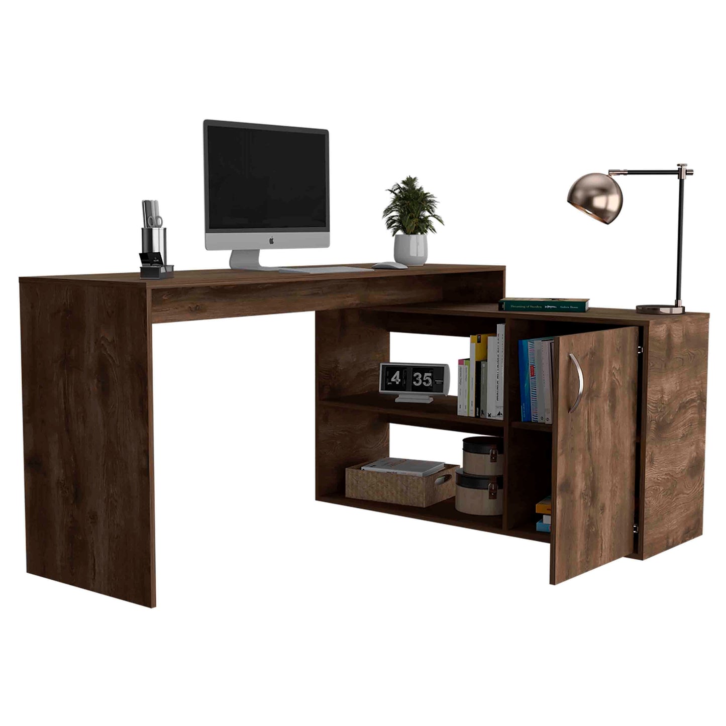 Axis Modern L-Shaped Computer Desk with Open & Closed Storage -Dark Brown