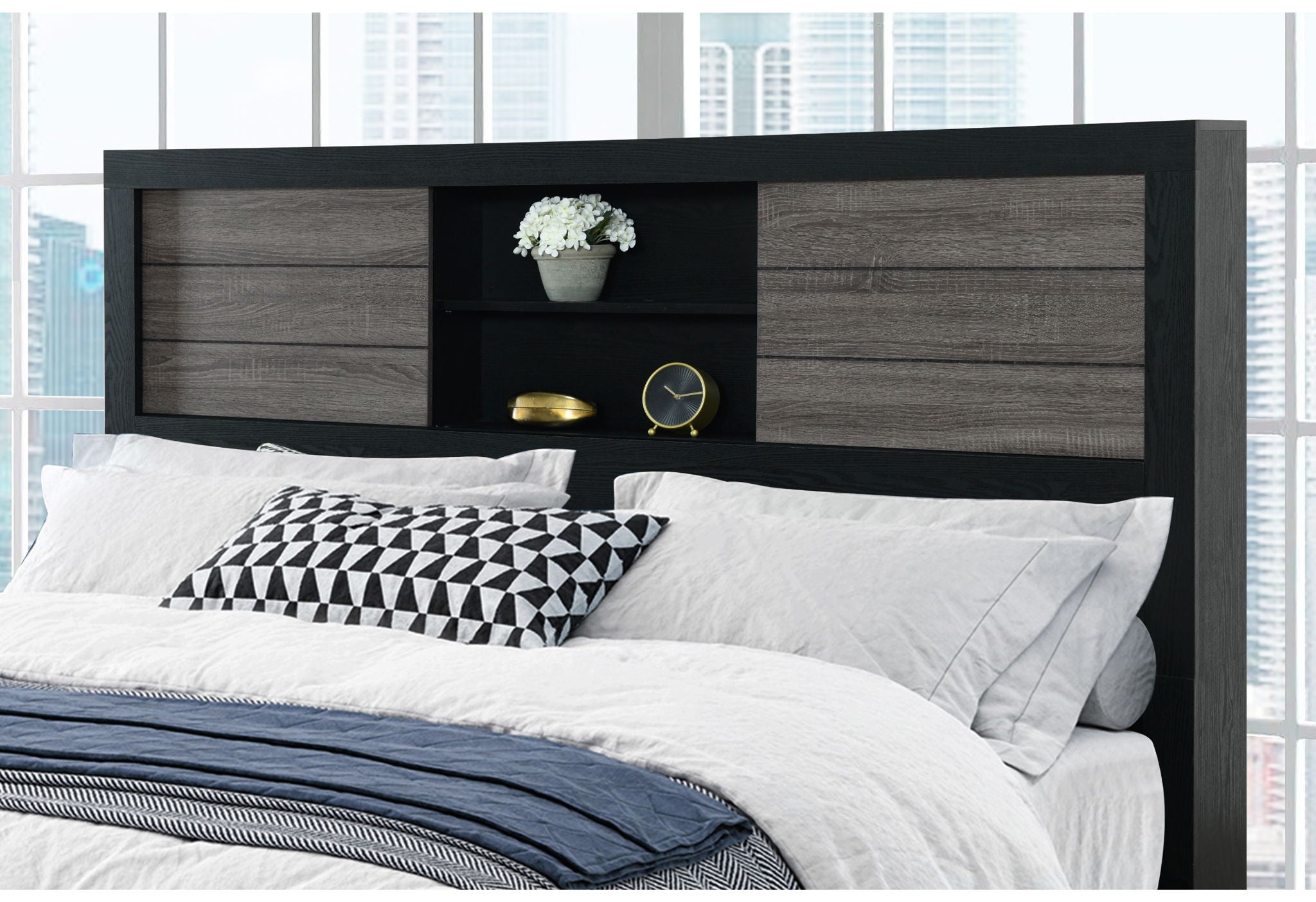 Lisbon - Queen Bookcase Bed Headboard Footboard - Gray Black